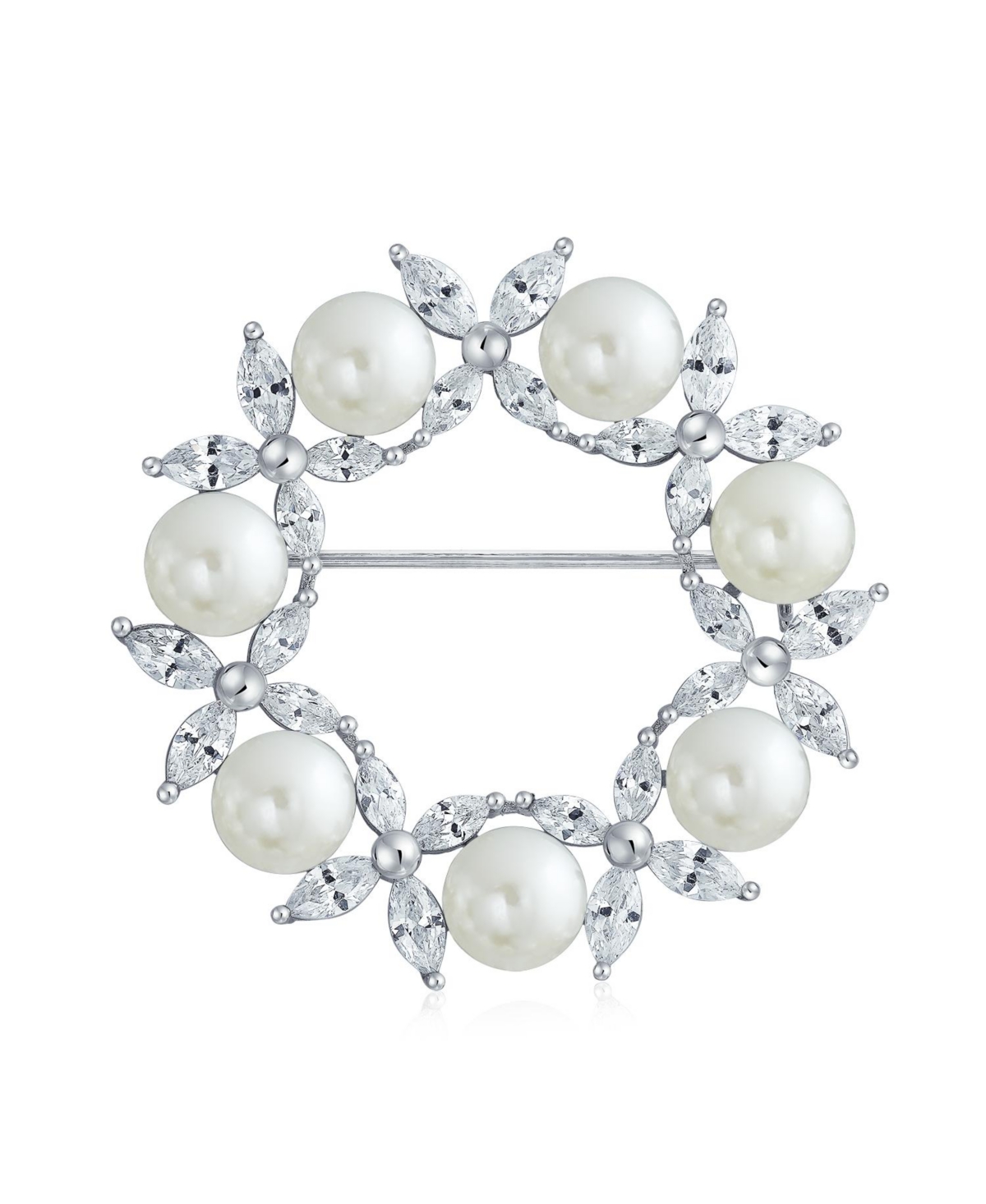 Elegant Holiday Marquise Cz Cubic Zirconia Round 8MM White Simulated Pearl Wreath Circle Scarf Brooch Pin - Clear