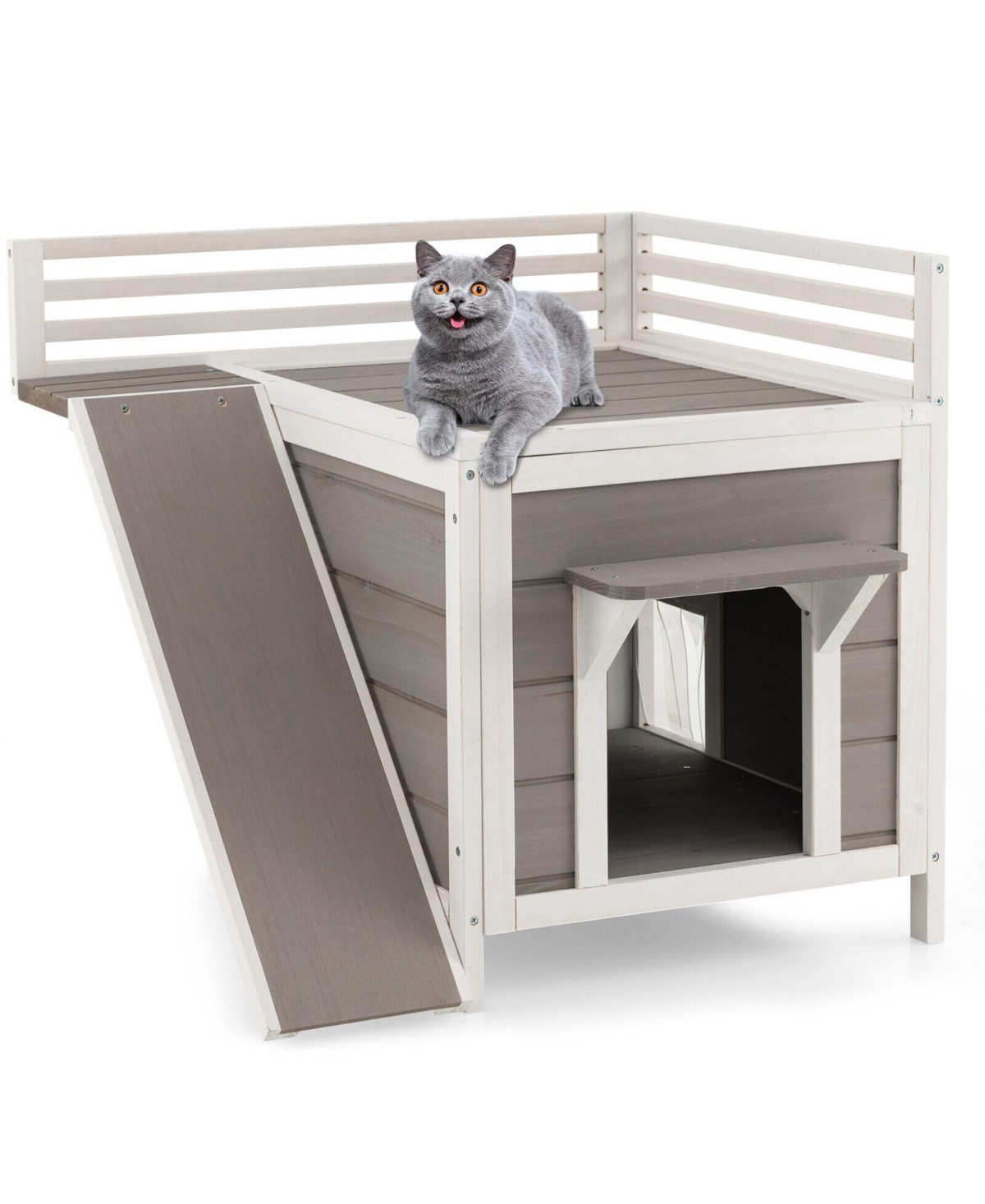 Outdoor Wooden Feral Cat House with Balcony and Slide-Gray - Open Miscellaneous