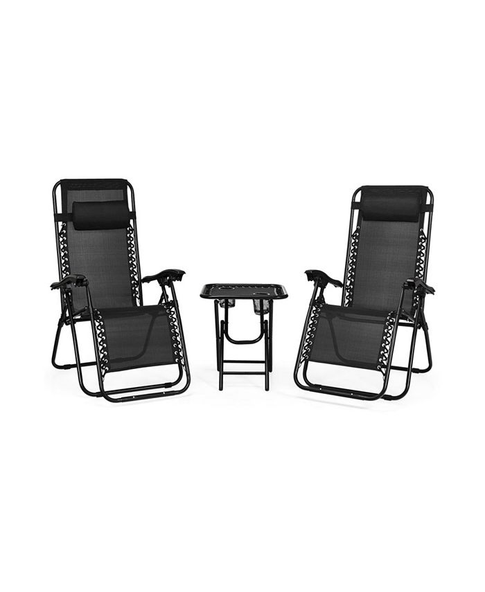 3 Pieces Folding Portable Zero Gravity Reclining Lounge Chairs Table Set