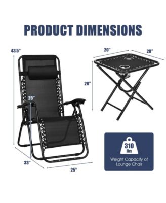 3 Pieces Folding Portable Zero Gravity Reclining Lounge Chairs Table Set