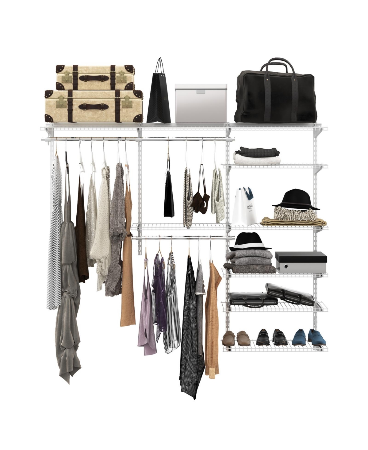 Adjustable Closet Organizer Kit with Shelves and Hanging Rods for 4 to 6 Feet - Silver