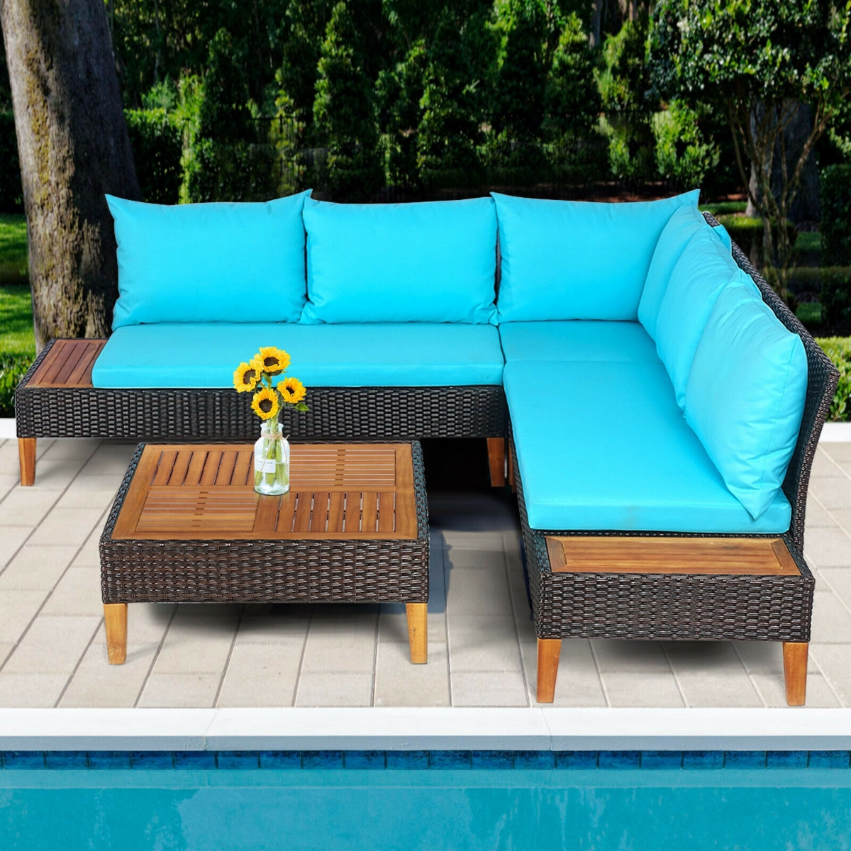 Inolait 4 Pieces Patio Cushioned Rattan Furniture Set with Wooden Side Table