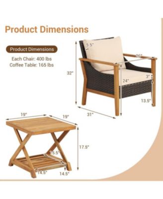 3 Pieces Patio Wicker Furniture Set with 2-Tier Side Table and Cushioned Armchairs