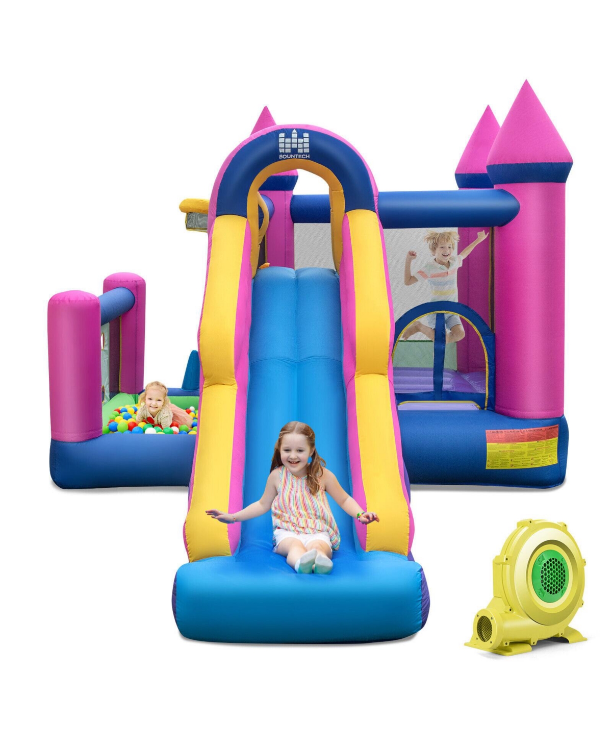 Inolait 7-in-1 Kids Inflatable Bounce House with Long Slide and 735W Blower