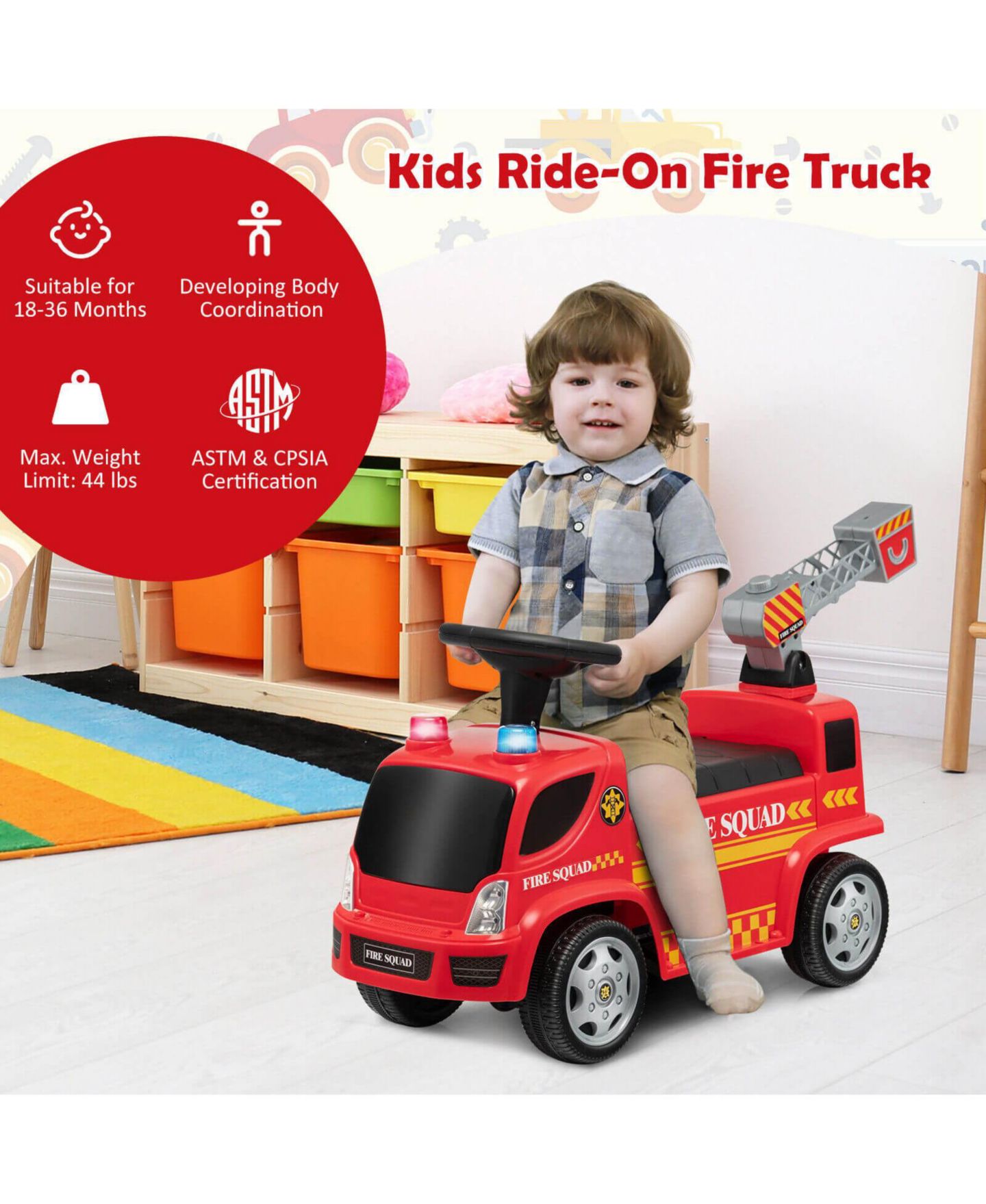 Детская игрушка SUGIFT Fire Truck with Ladder Bubble Maker Interactive Steering Ride-On, Ages 1.5+ — фото 9
