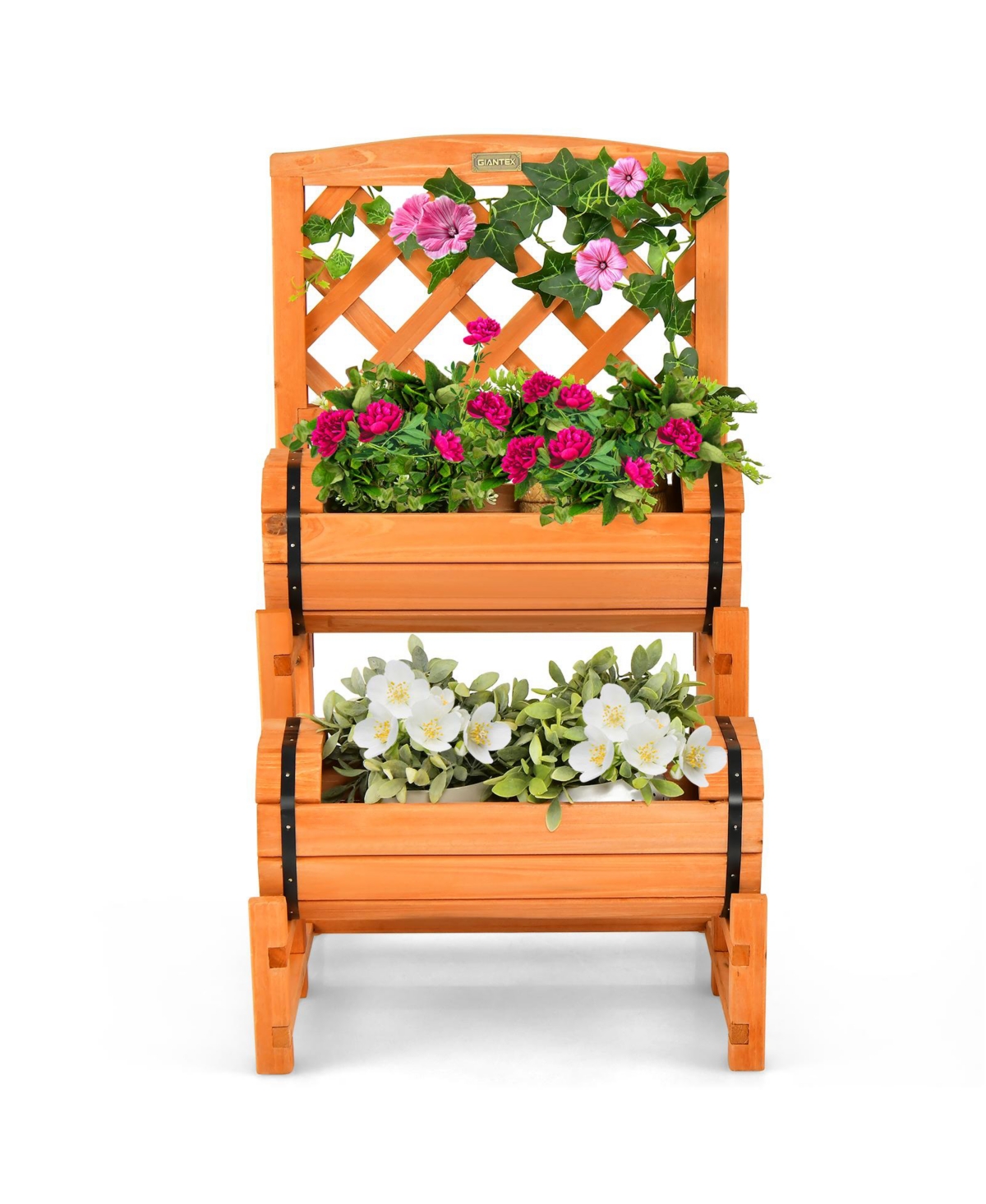 2-Tier Raised Garden Bed with 2 Cylindrical Planter Boxes and Trellis - Orange