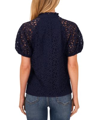 Women's Floral Lace Puff Sleeve Split Neck Top