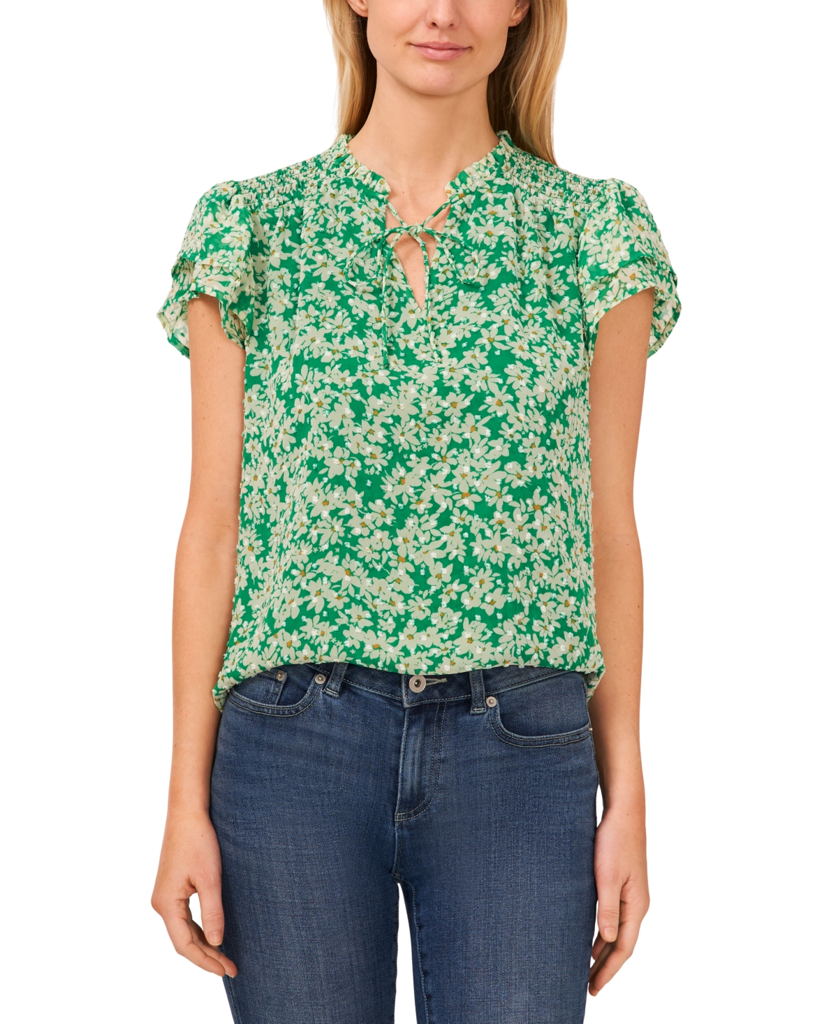 Cece Women's Floral Clip-dot Tie-neck Flutter-sleeve Top In Lush Green