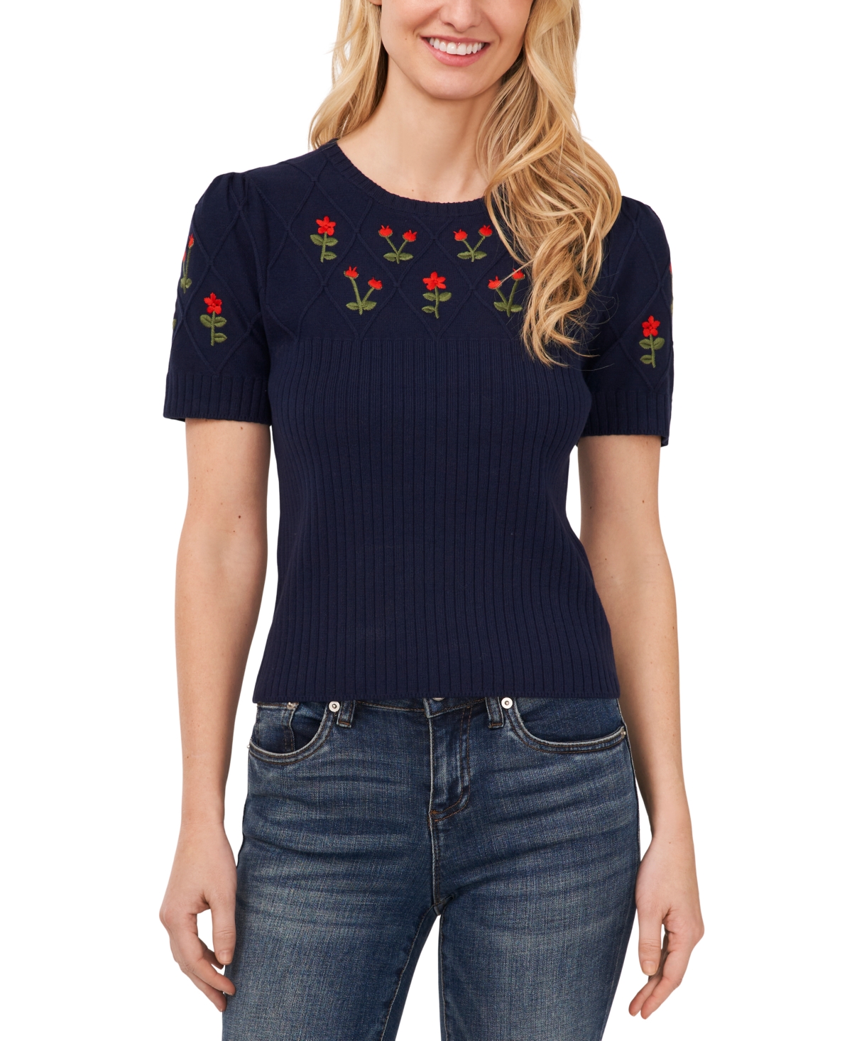 Shop Cece Women's Crewneck Flower Embroidered Short Sleeve Cotton Sweater In Classic Navy