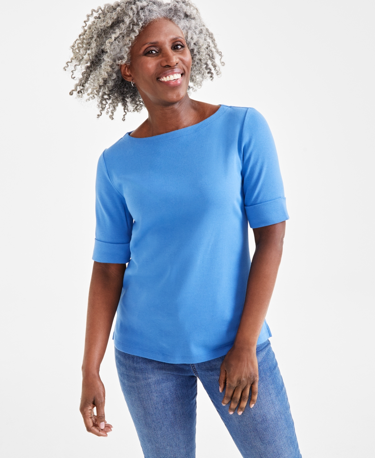 Style & Co Women's Boat-neck Elbow Sleeve Cotton Top, Xs-4x, Created For Macy's In Riverside