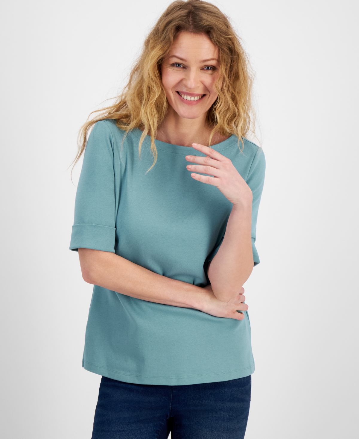 Style & Co Women's Boat-neck Elbow Sleeve Cotton Top, Xs-4x, Created For Macy's In Desert Teal