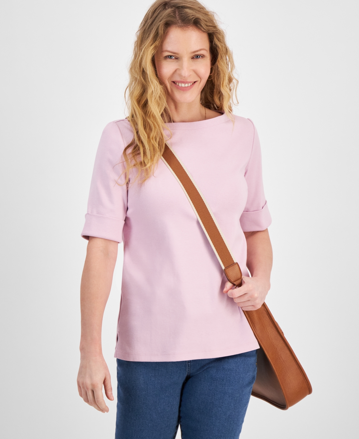 Style & Co Women's Boat-neck Elbow Sleeve Cotton Top, Xs-4x, Created For Macy's In Lilac Flor