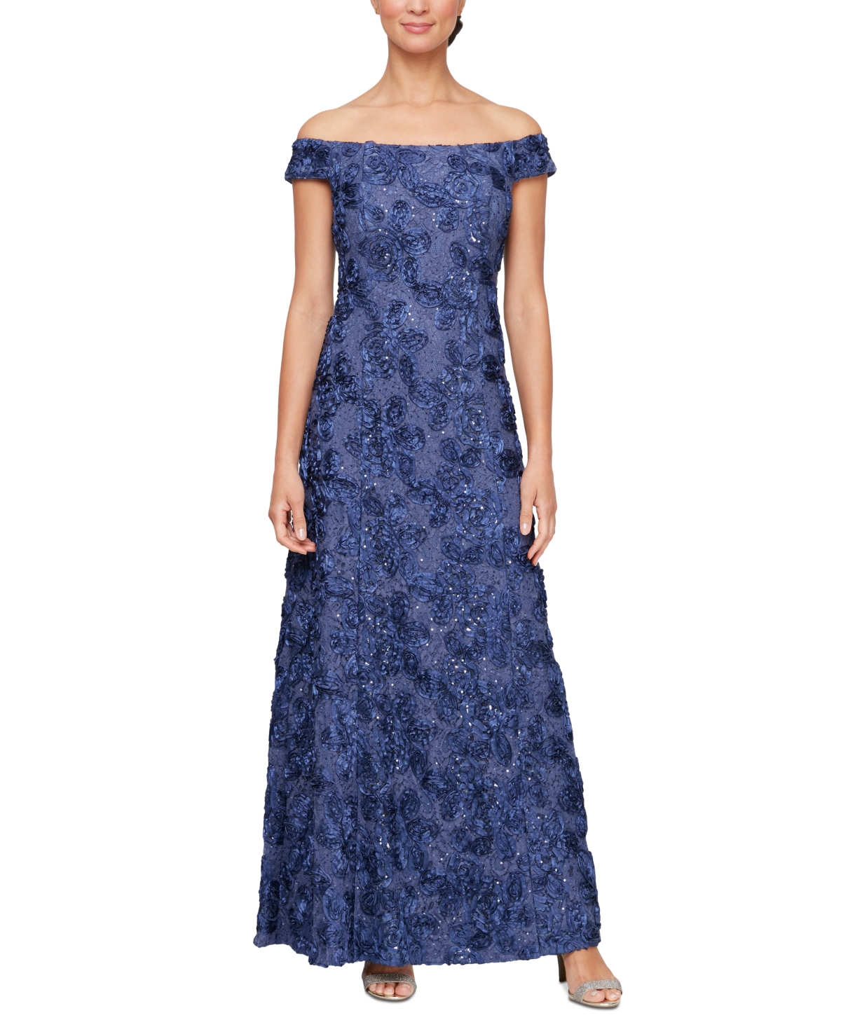 Shop Alex Evenings Women's Off-the-shoulder Sequined Lace Gown In Violet