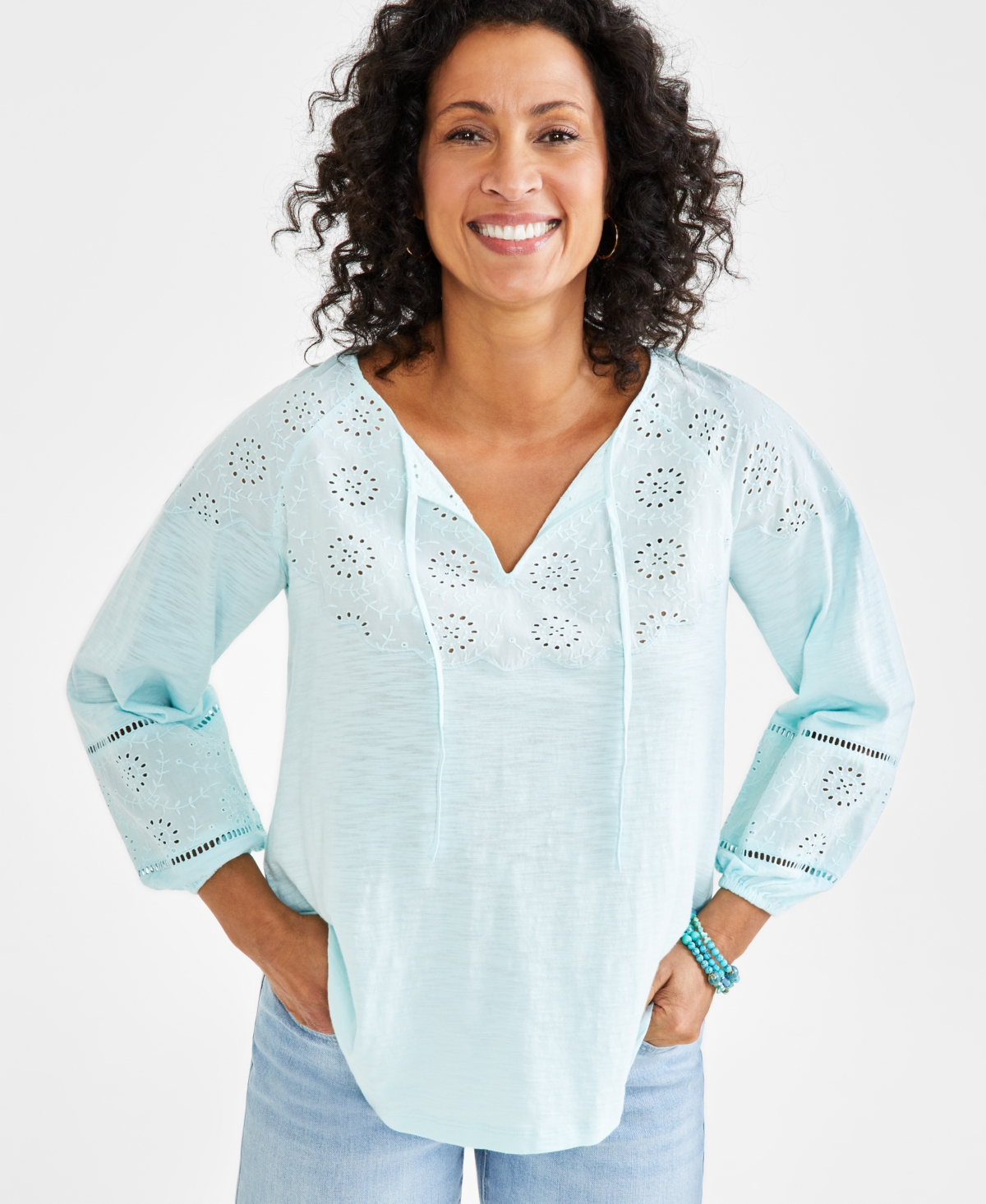 Style & Co Petite Eyelet Embroidered Top, Created For Macy's In Minty Turquoise