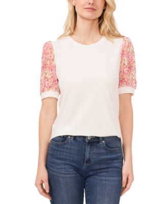 CeCe - Women's Short-Sleeve Mixed-Media Crewneck Knit Top