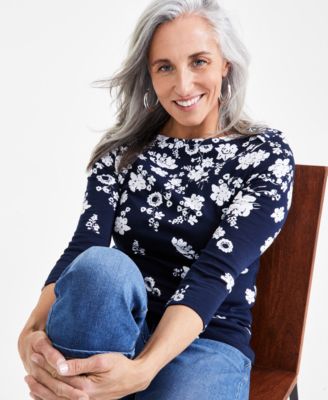 売れ筋商品|||スタイルアンドコー カットソー トップス レディース Petite Simple Geo Pima Cotton Knit Top, Exclusively at Macy's Floating White Style & Co Petite Printed Pima Knit Top, Created for Macy's