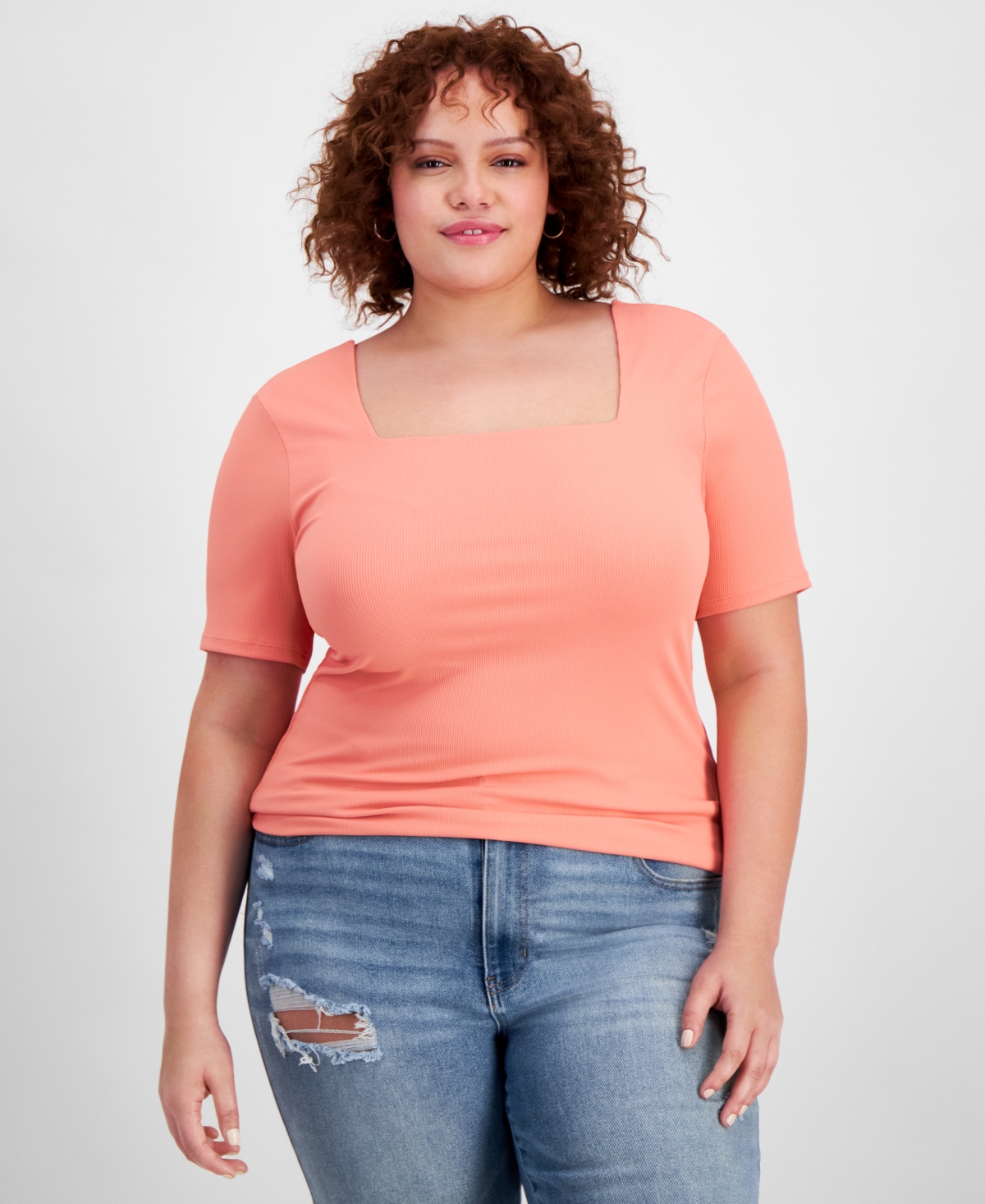 Shop And Now This Trendy Plus Size Second Skin Square-neck Top In Warm Peach