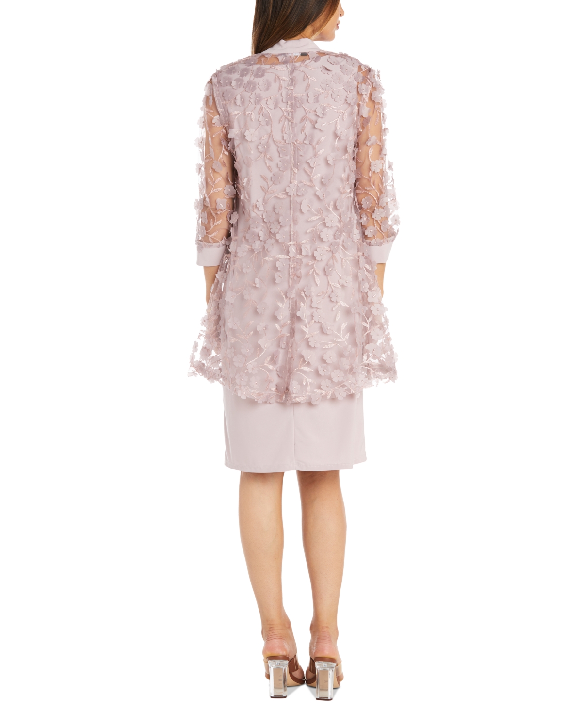 Shop R & M Richards Petite 3d Floral Mesh Jacket & Necklace Dress Set In Mauve