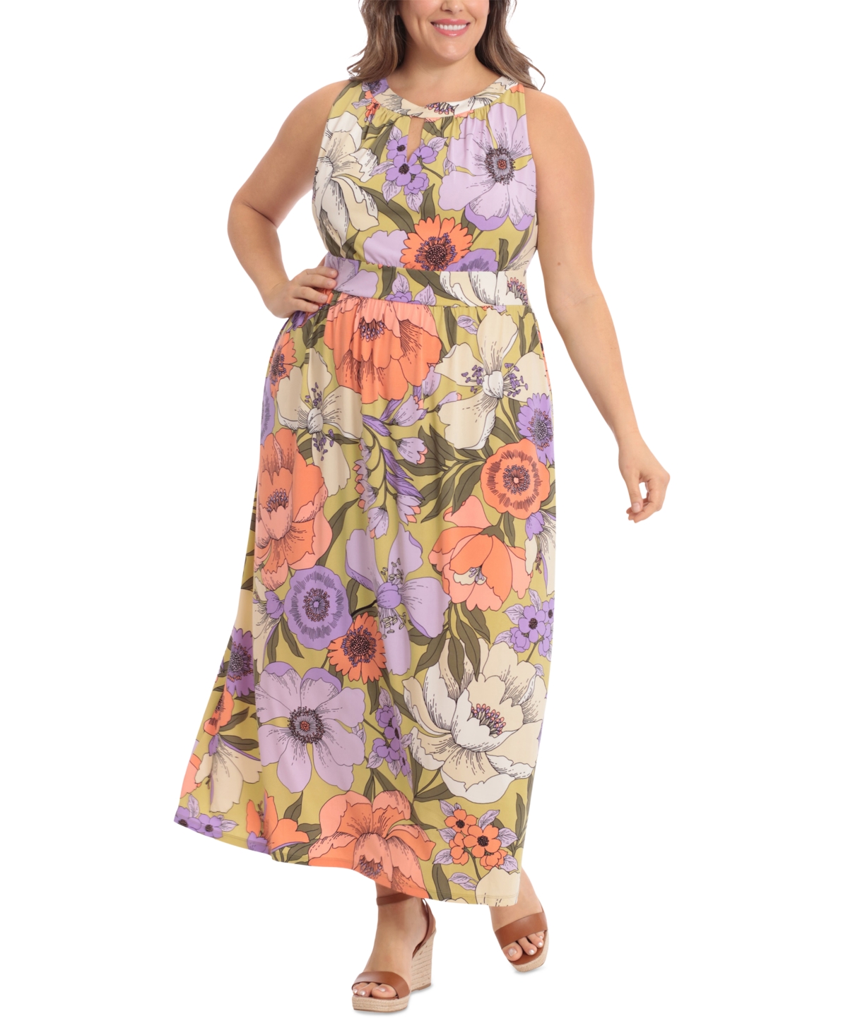 London Times Plus Size Halter Keyhole Printed Maxi Dress In Grn,lilac
