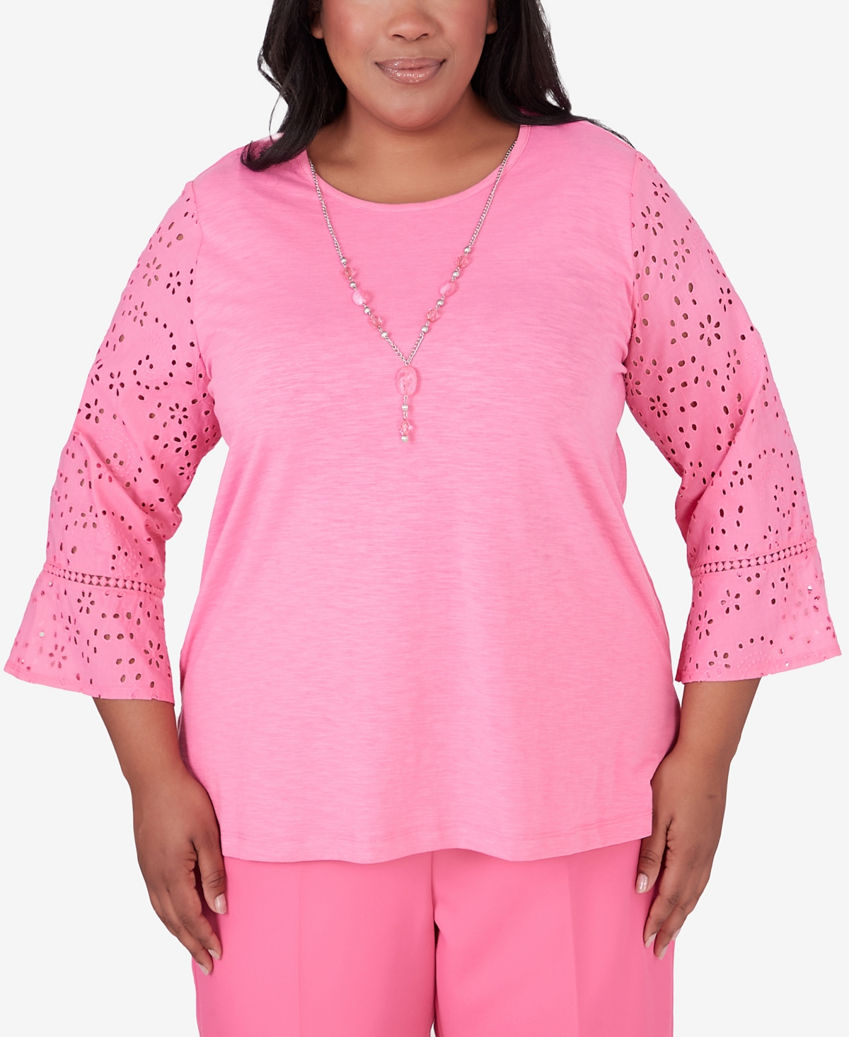 Shop Alfred Dunner Plus Size Paradise Island Eyelet Trim Top With Detachable Necklace In Peony
