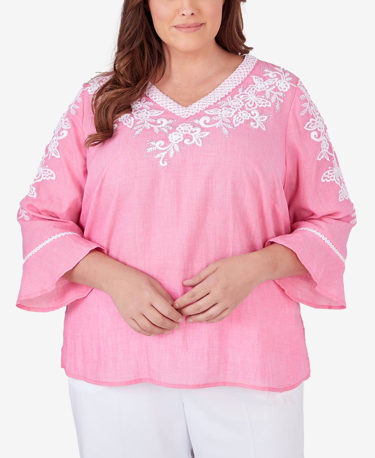 Shop Alfred Dunner Plus Size Paradise Island V-neck Embroidered Top In Peony