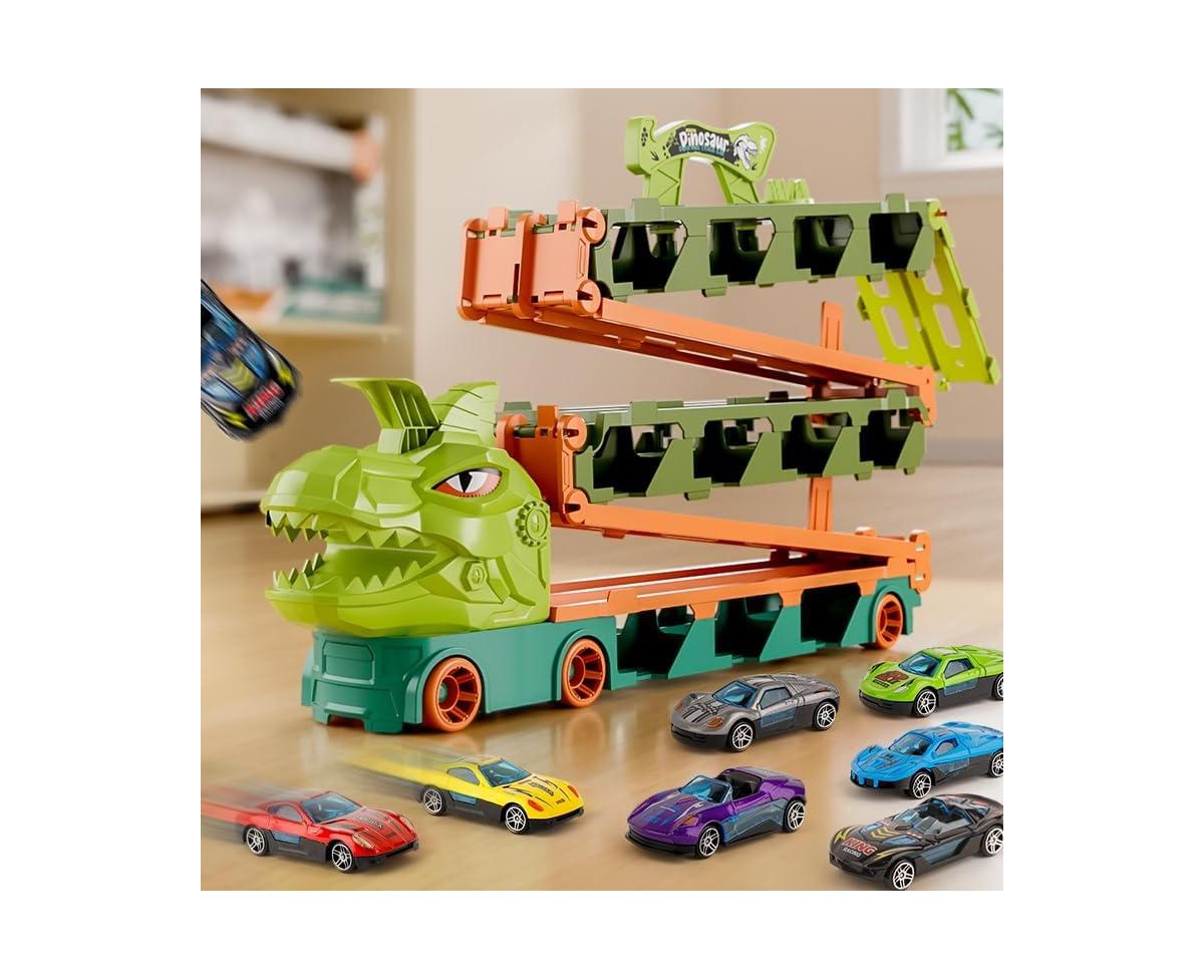 Kovot Dinosaur Truck Racing Play set - Storage Truck with 6.5-Foot Foldable Racetrack & 8 Alloy Raceing Cars - Assorted Pre-Pack