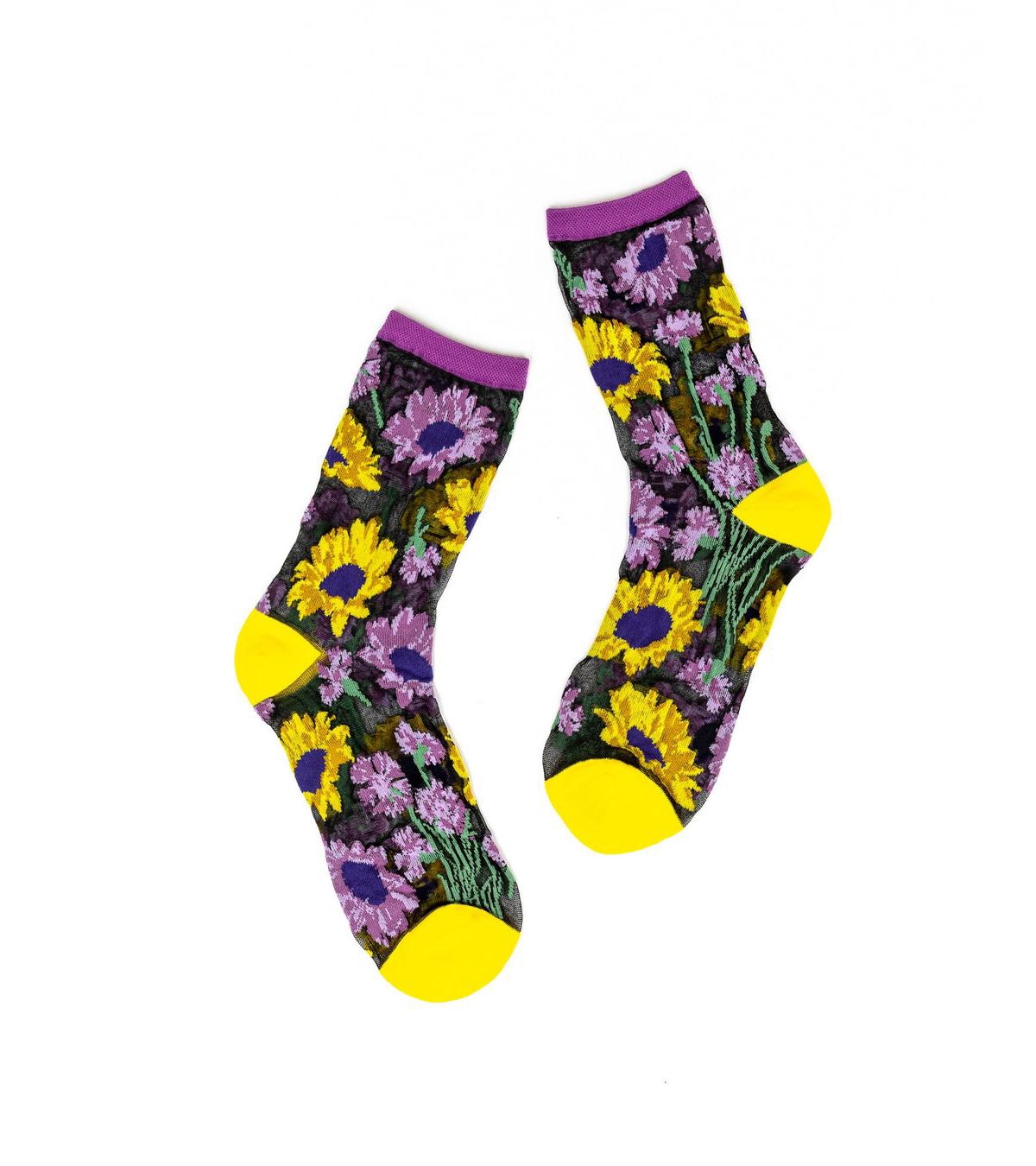 Sock Candy Women's Mixed Sunflowers Black Sheer Sock In Floral