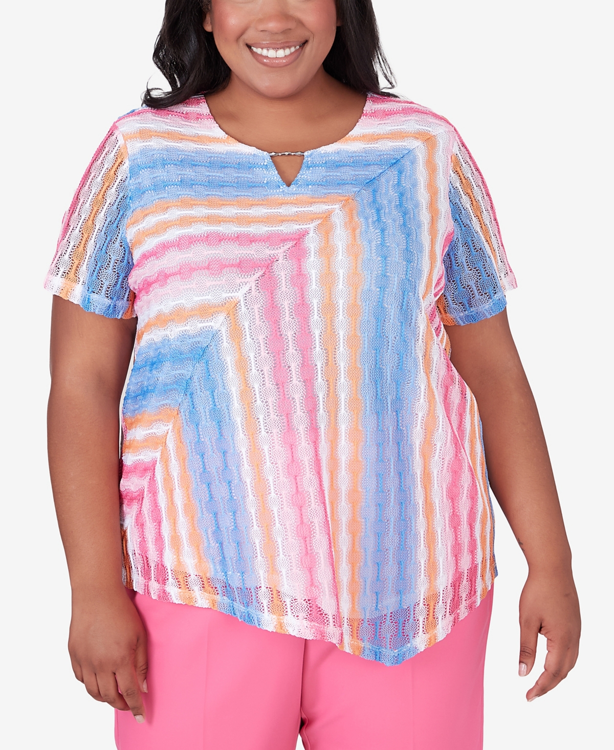 Shop Alfred Dunner Plus Size Paradise Island Short Sleeve Spliced Stripe Top In Multi