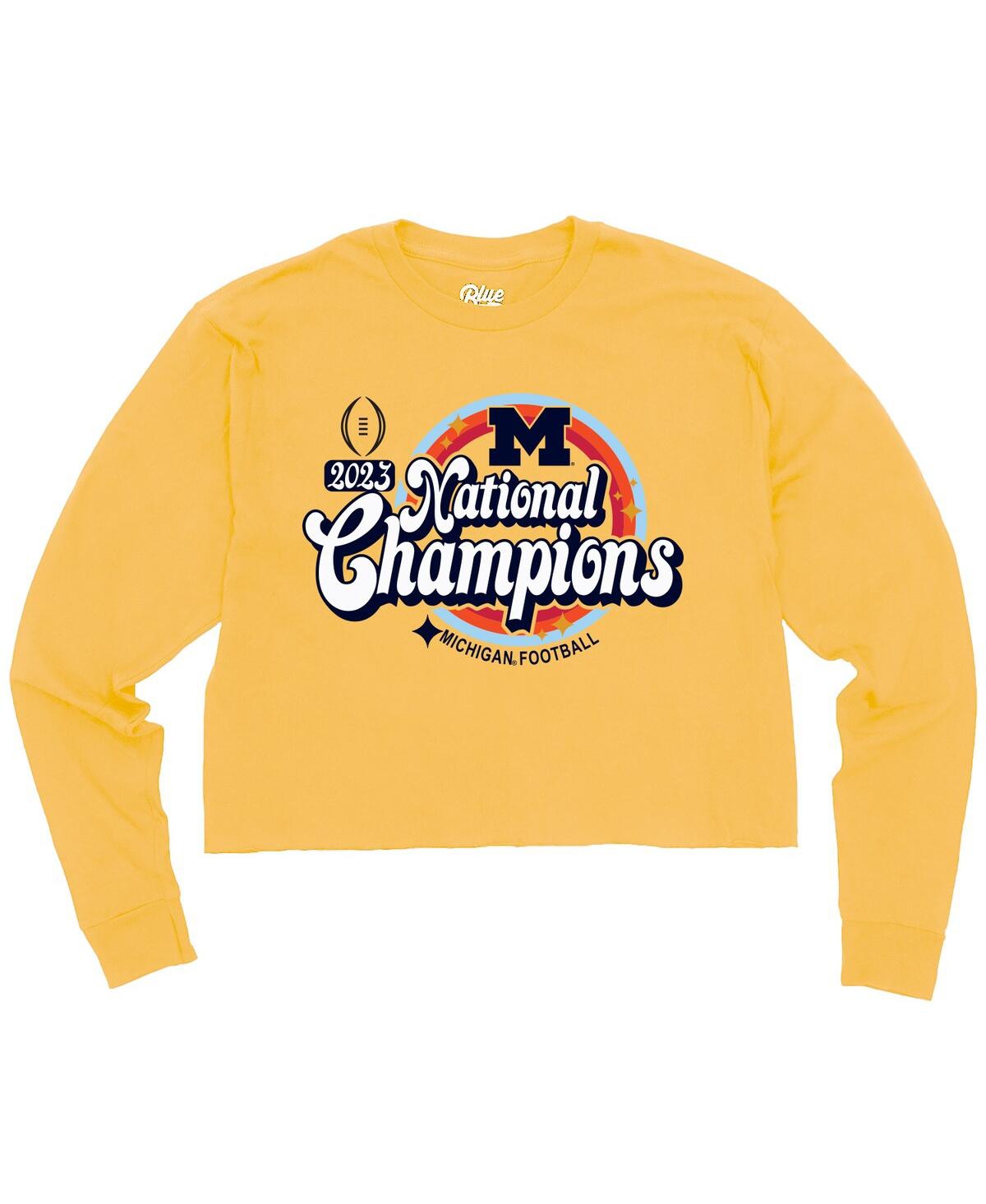 Women's Blue 84 Maize Michigan Wolverines College Football Playoff 2023 National Champions Cropped Long Sleeve T-shirt - Maize