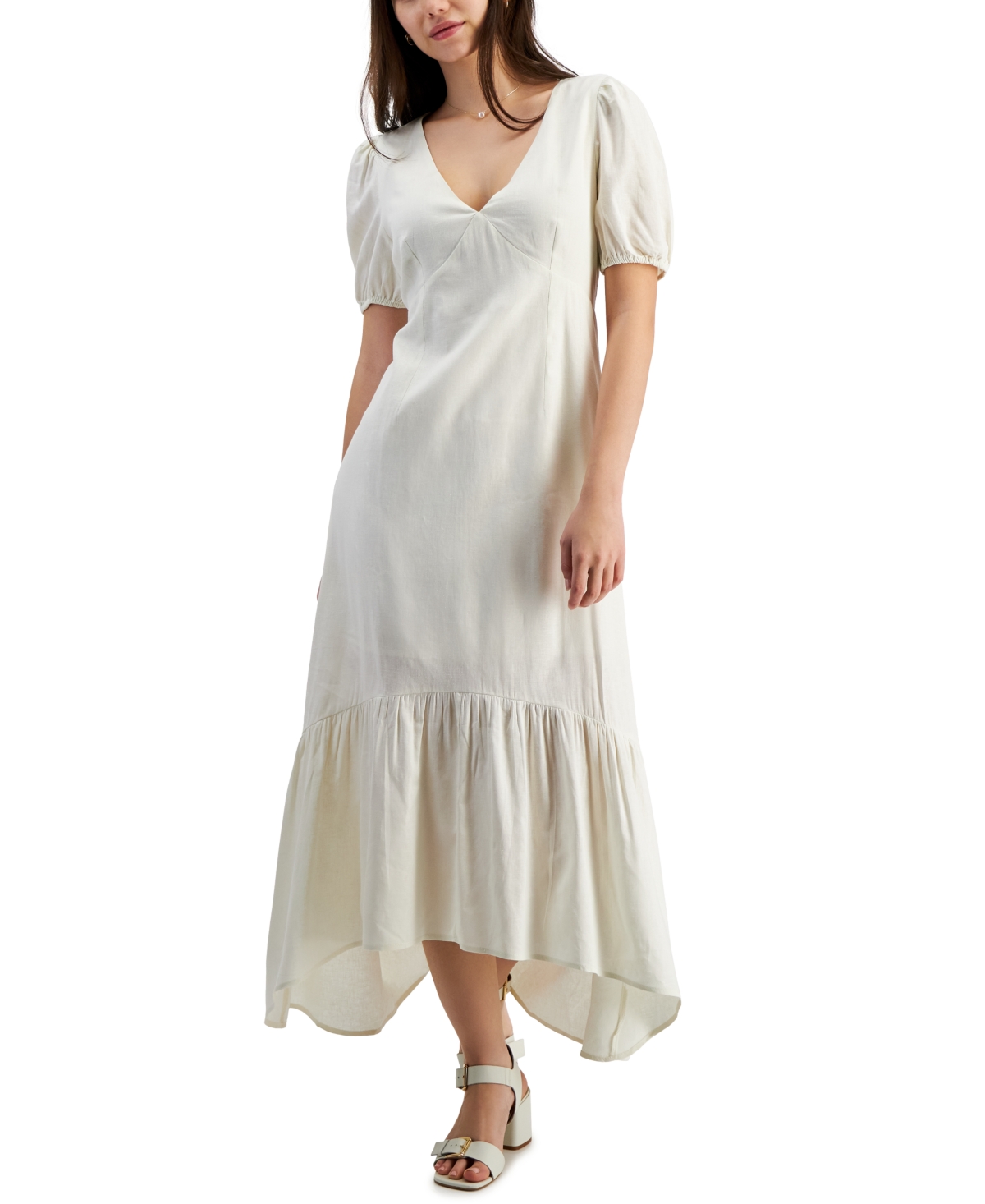 Juniors' V-Neck High-Low Flounce Maxi Dress - White