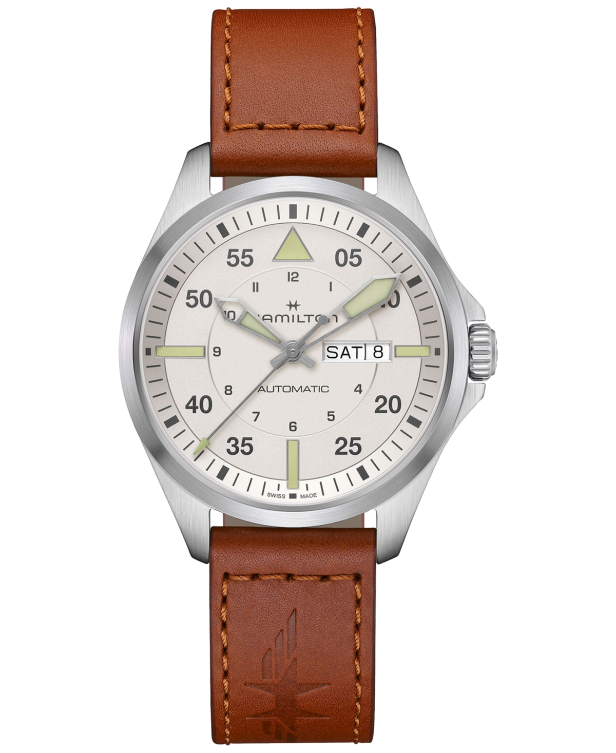 Shop Hamilton Men's Swiss Automatic Khaki Aviation Day Date Brown Leather Strap Watch 42mm