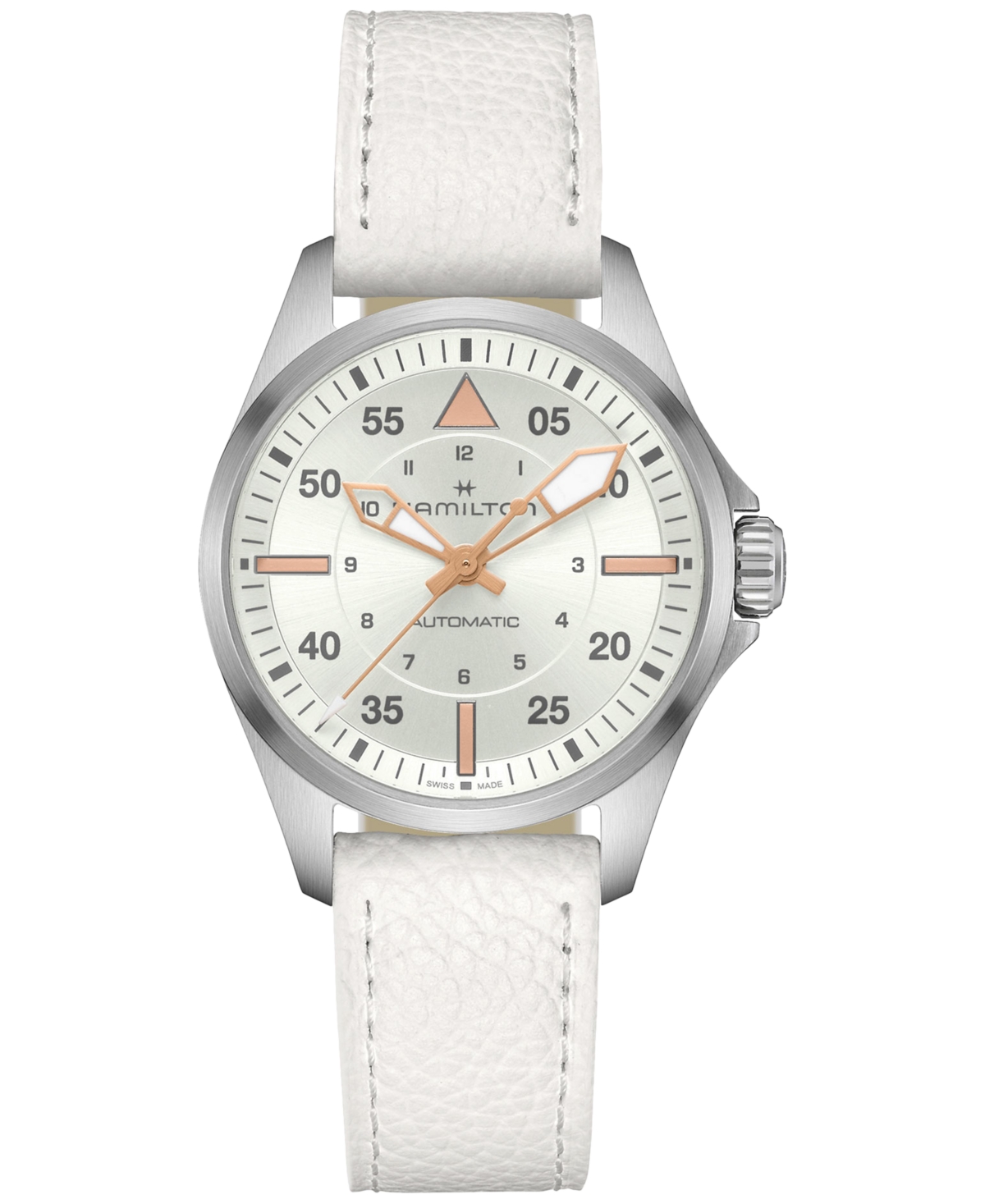 Women's Swiss Automatic Khaki Aviation White Leather Strap Watch 36mm - White