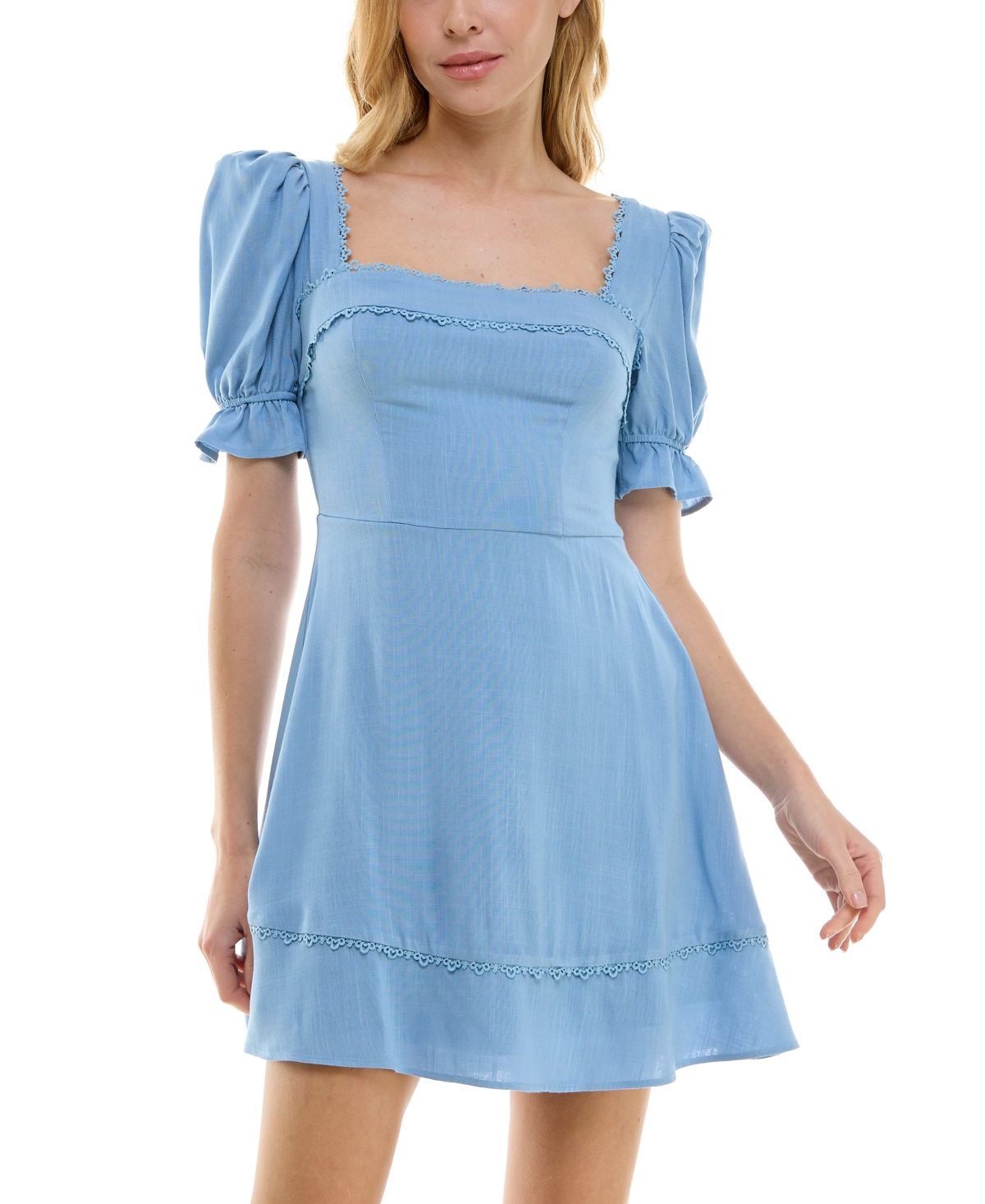 Juniors' Puff-Sleeve Lace-Trim Mini Dress - Chambray