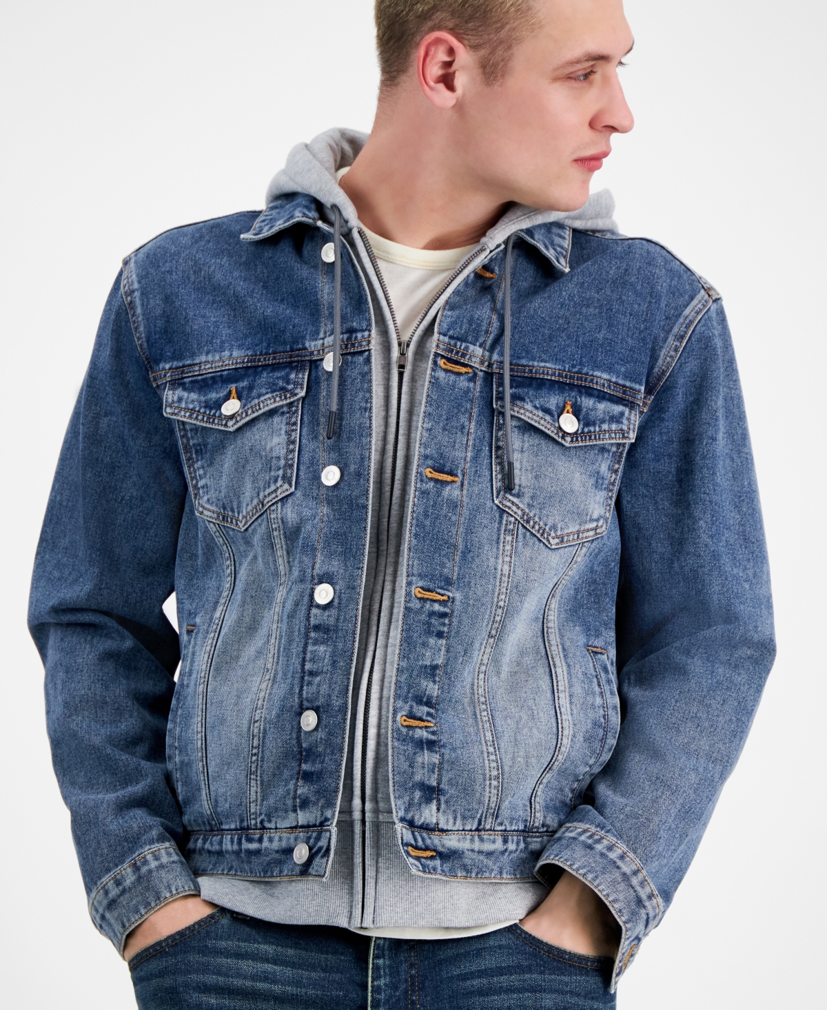 Shop And Now This Men's Layered-look Full-zip Hooded Denim Utility Jacket, Created For Macy's In Medium Wash