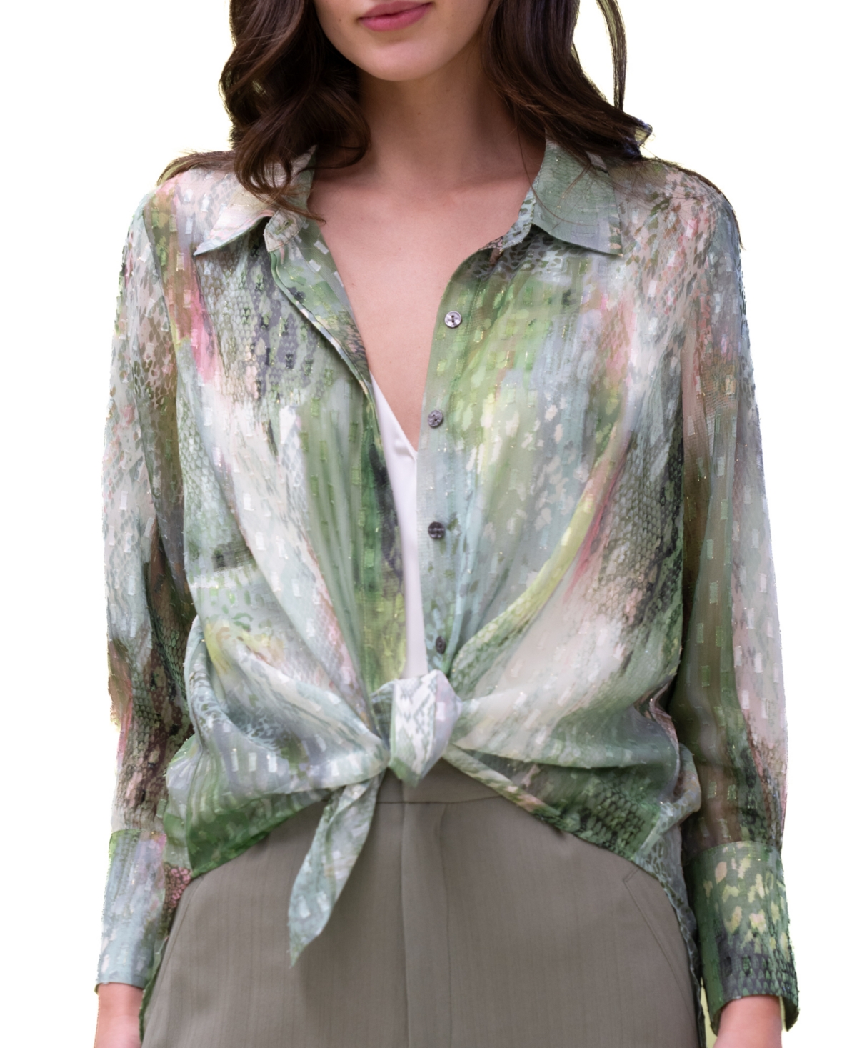 Women's Button-Front High-Low Woven Top - Green Print