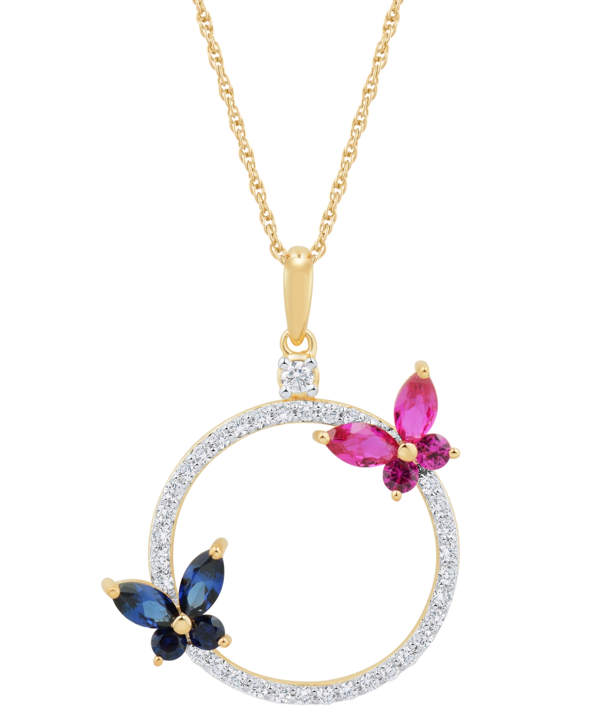 Macy's Lab-grown Gemstones 18" Butterfly Circle Pendant Necklace (1-3/8 Ct. T.w.) In 14k Gold-plated Sterli In Multi-gemstone