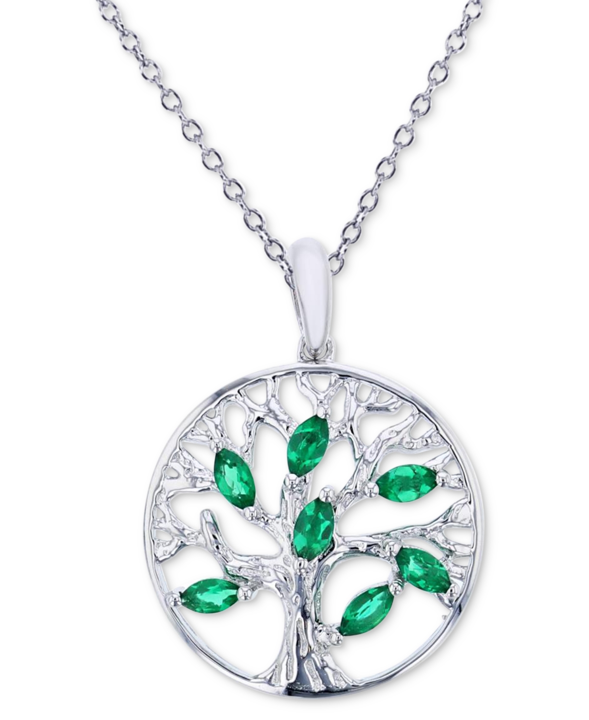 Macy's Lab Grown Emerald Family Tree 18" Pendant Necklace (1/2 Ct. T.w.) In Sterling Silver In Emerald