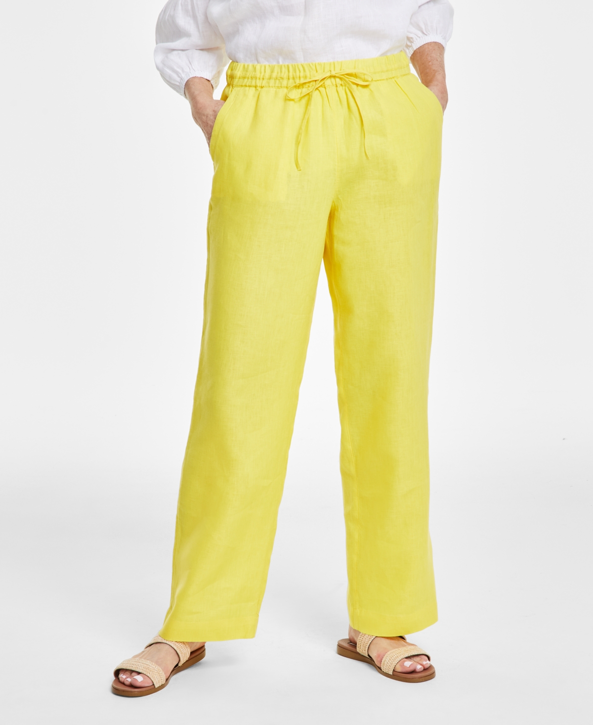 Shop Charter Club Women's 100% Linen Drawstring-waist Pants, Created For Macy's In Primrose Yellow