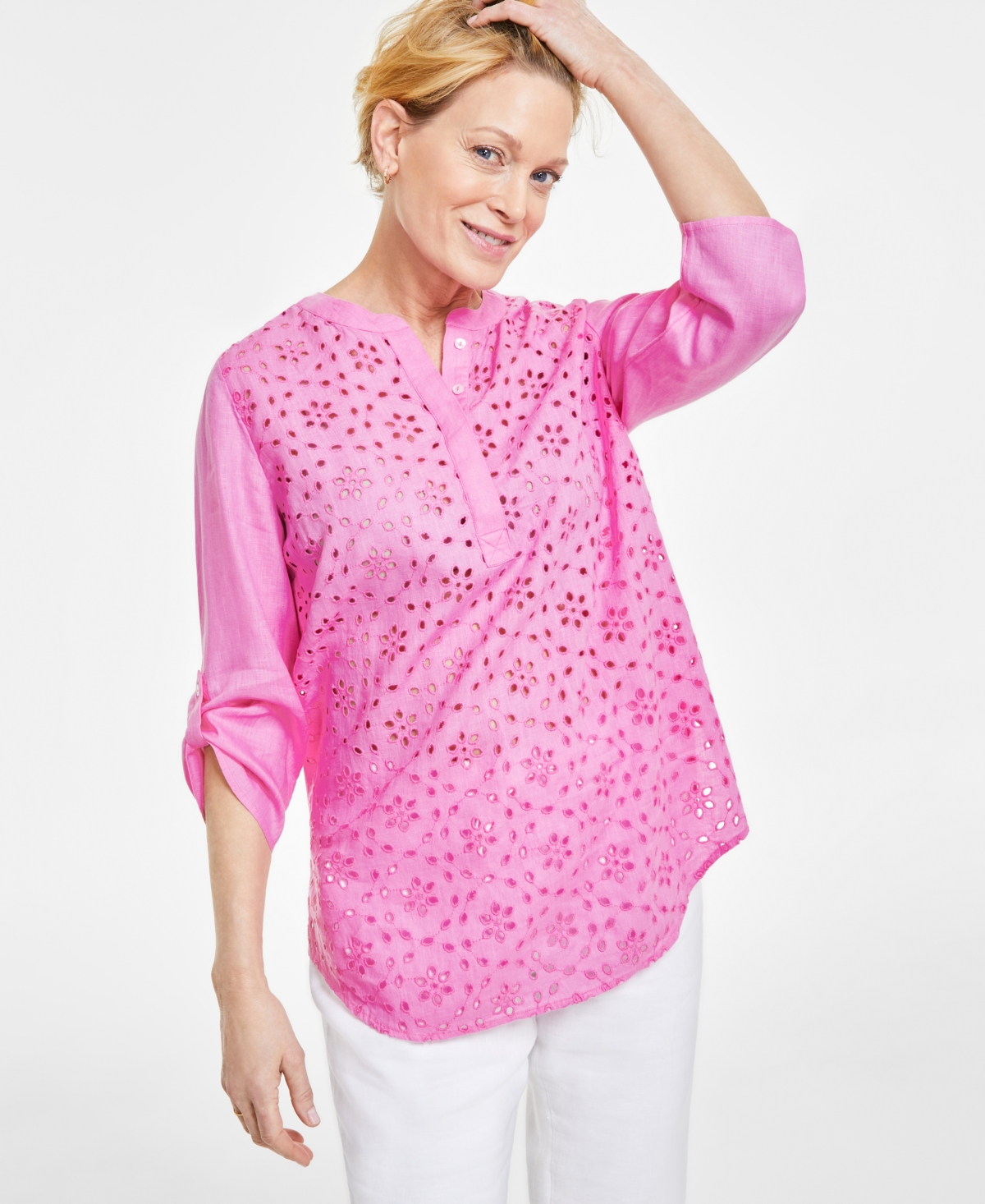 Shop Charter Club Women's 100% Linen Woven Popover Tunic Top, Created For Macy's In Bubble Bath