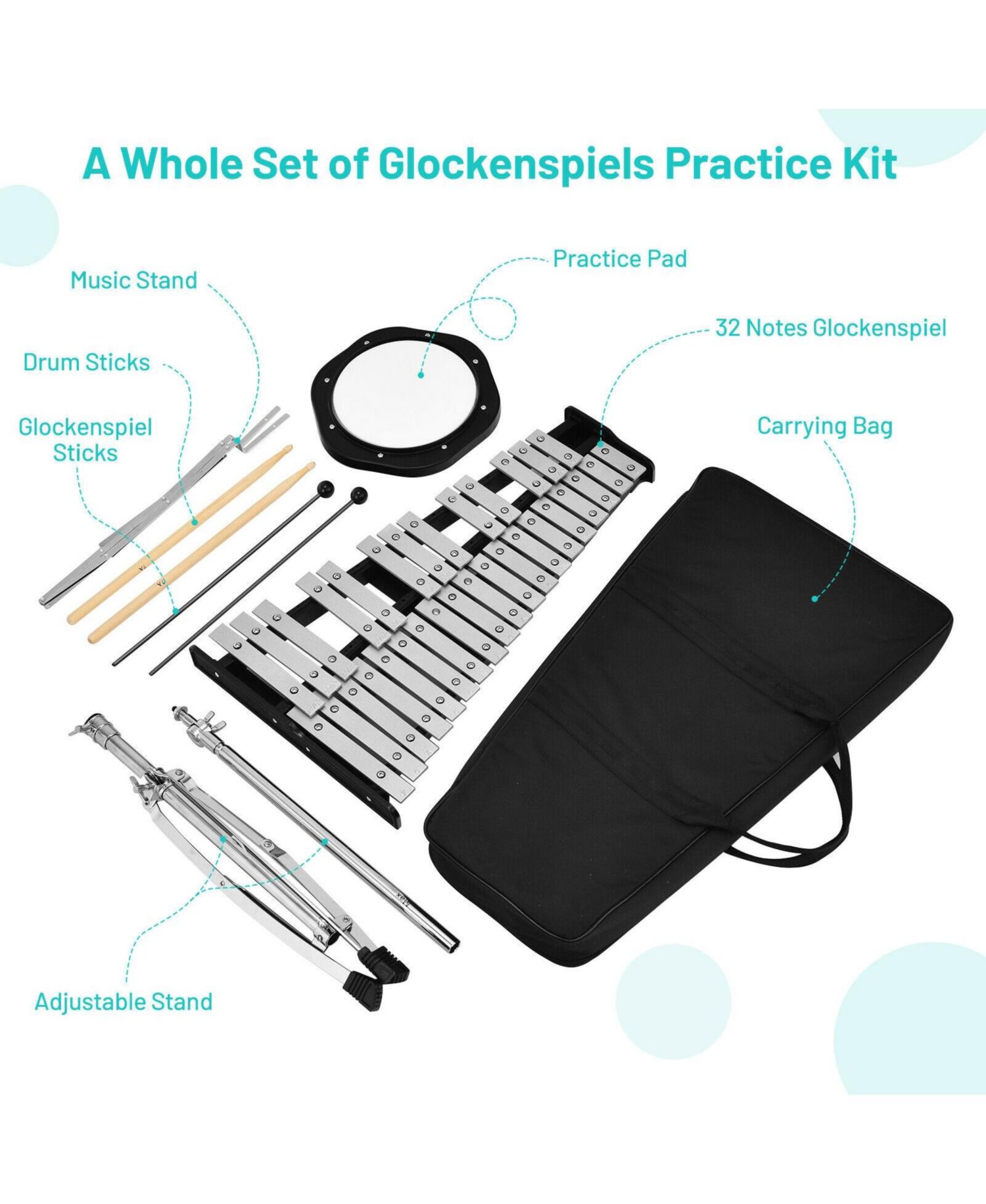 32-Note Glockenspiel Xylophone Percussion Bell Kit with Adjustable Stand