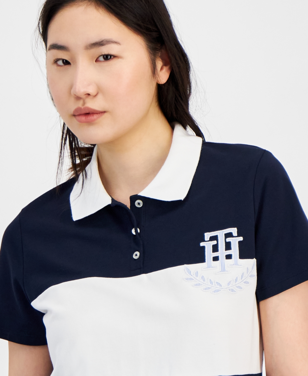 Shop Tommy Hilfiger Women's Logo Applique Colorblocked Polo Shirt In Navy