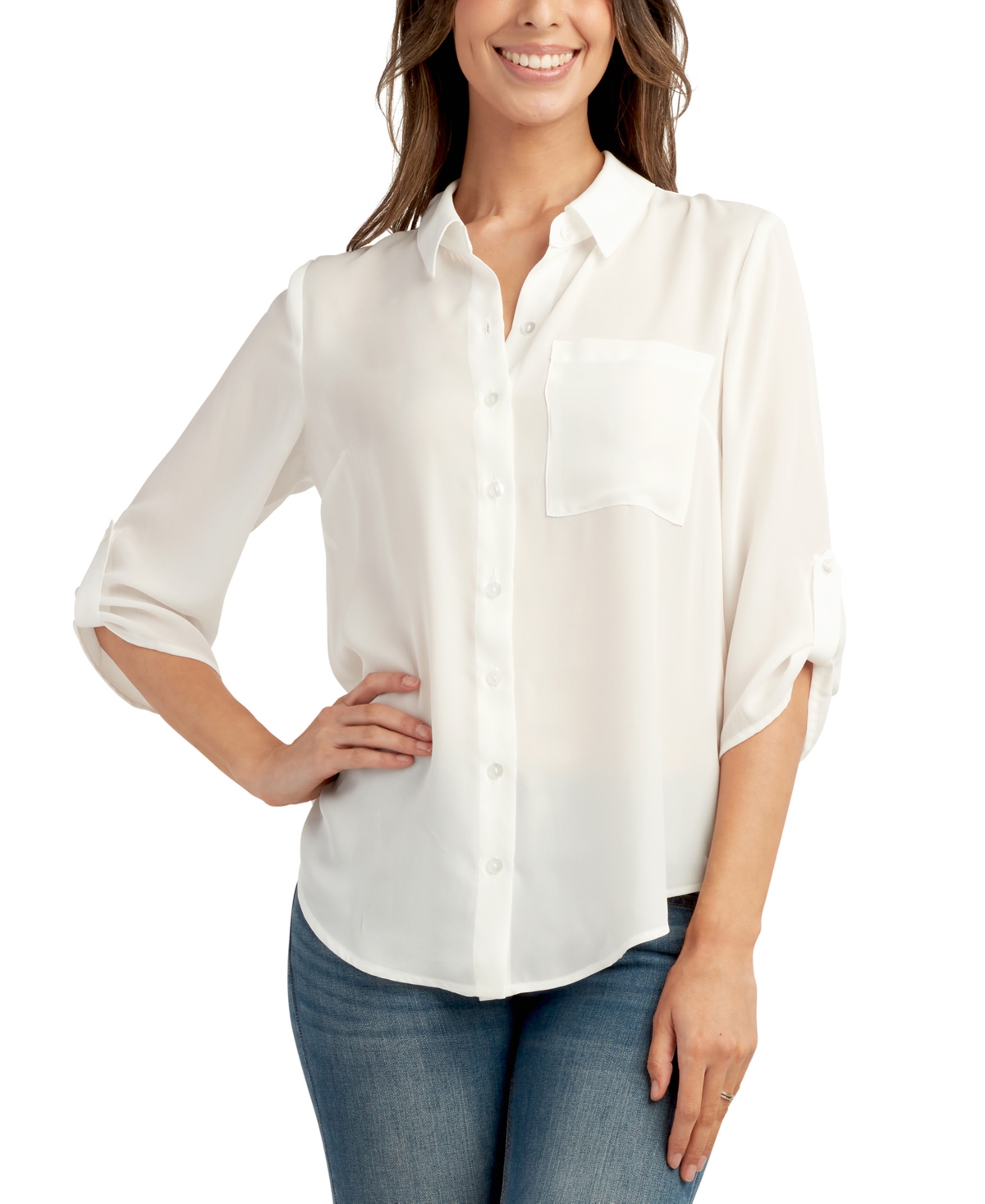 Shop Bcx Juniors' 3/4-sleeve Cutout Button-front Shirt In Off White