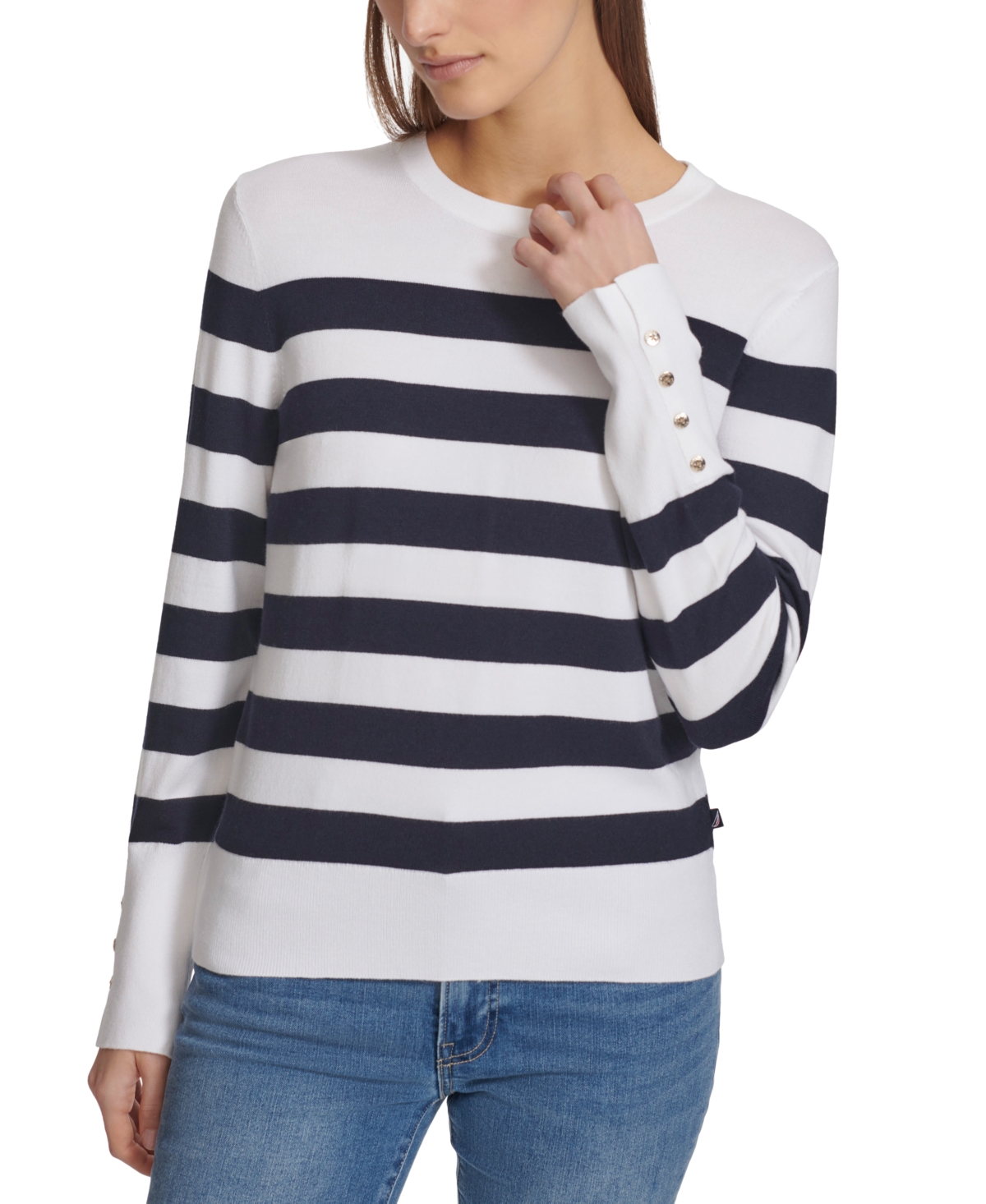 Women's Striped Button-Cuff Crewneck Sweater - Dark Blue