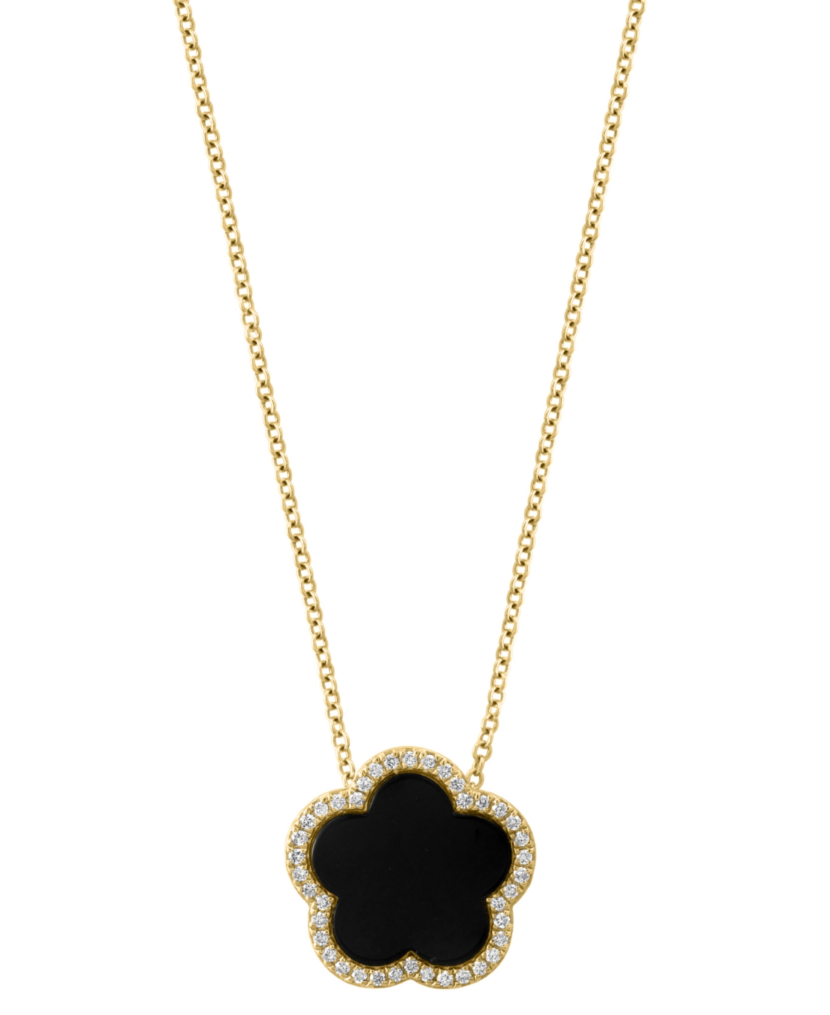 Shop Effy Collection Effy Onyx & Diamond (1/6 Ct. T.w.) Flower Halo 18" Pendant Necklace In 14k Gold In Yellow Gold