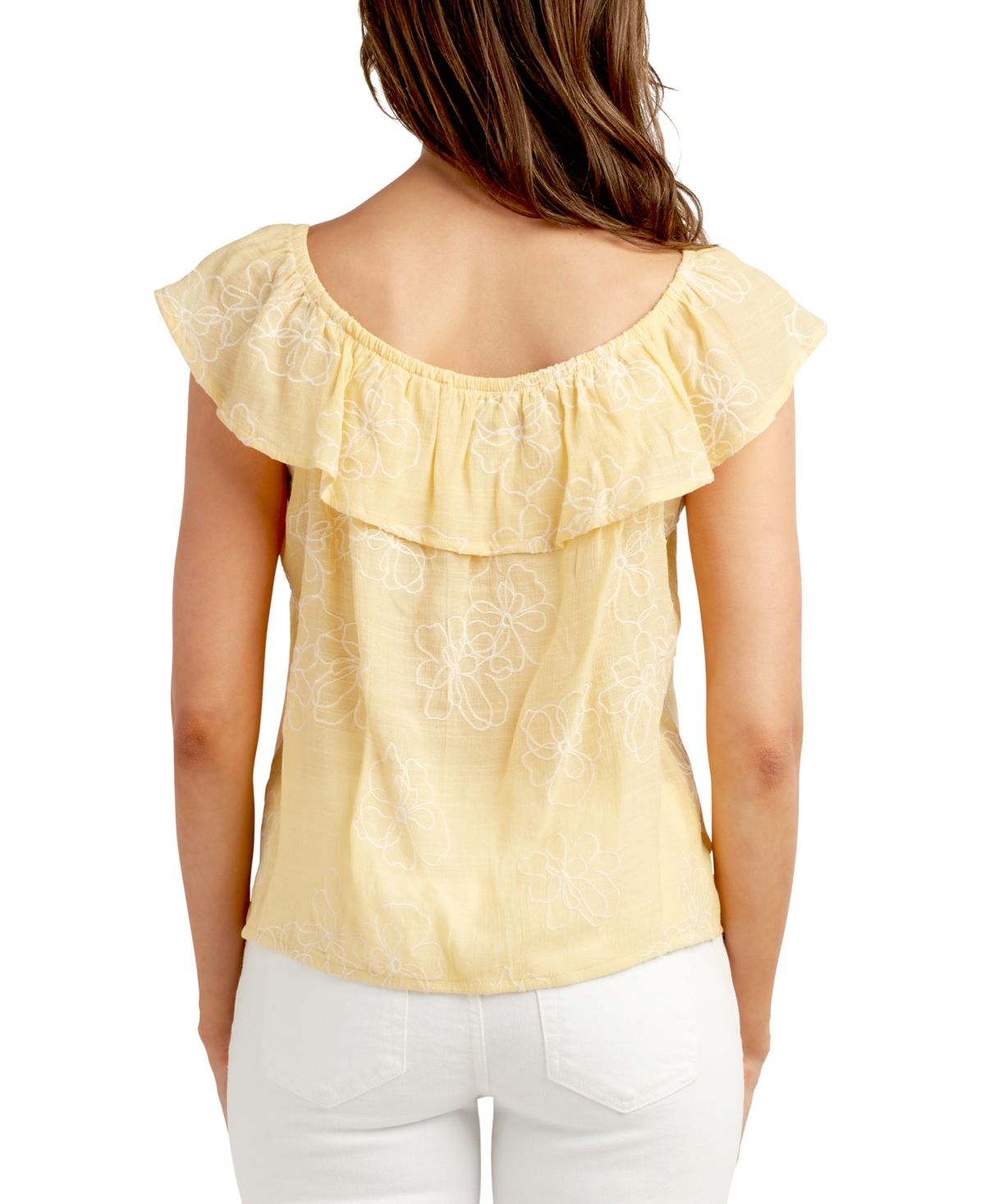 Shop Bcx Juniors' Embroidered Ruffle-neck Tie-hem Peasant Top In Yellow