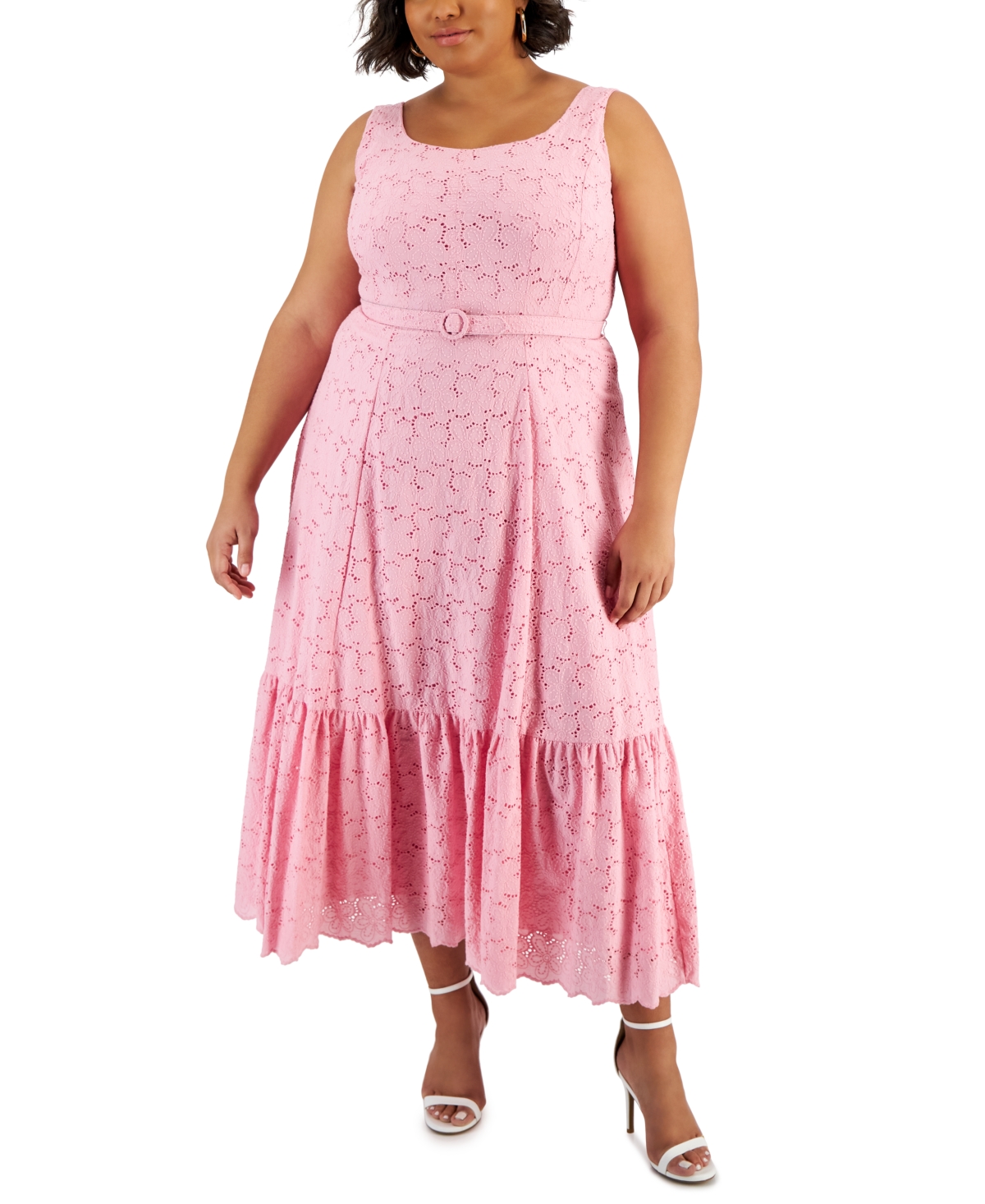 Shop Taylor Plus Size Cotton Eyelet Belted Midi Dress In Flamingo