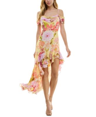 City Studios - Juniors' Drape-Neck Cold-Shoulder Dress Ruffle-Hem Dress