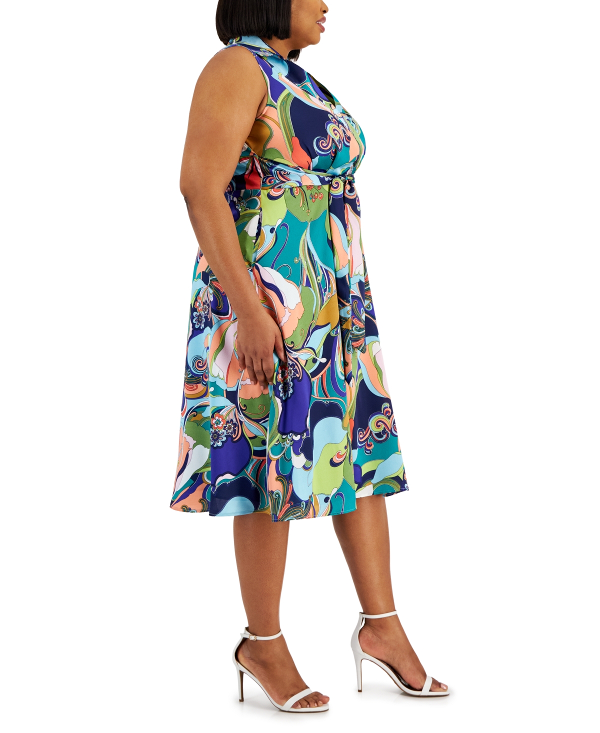 Shop Tahari Plus Size Printed Sleeveless Tie-waist Satin Dress In Multi