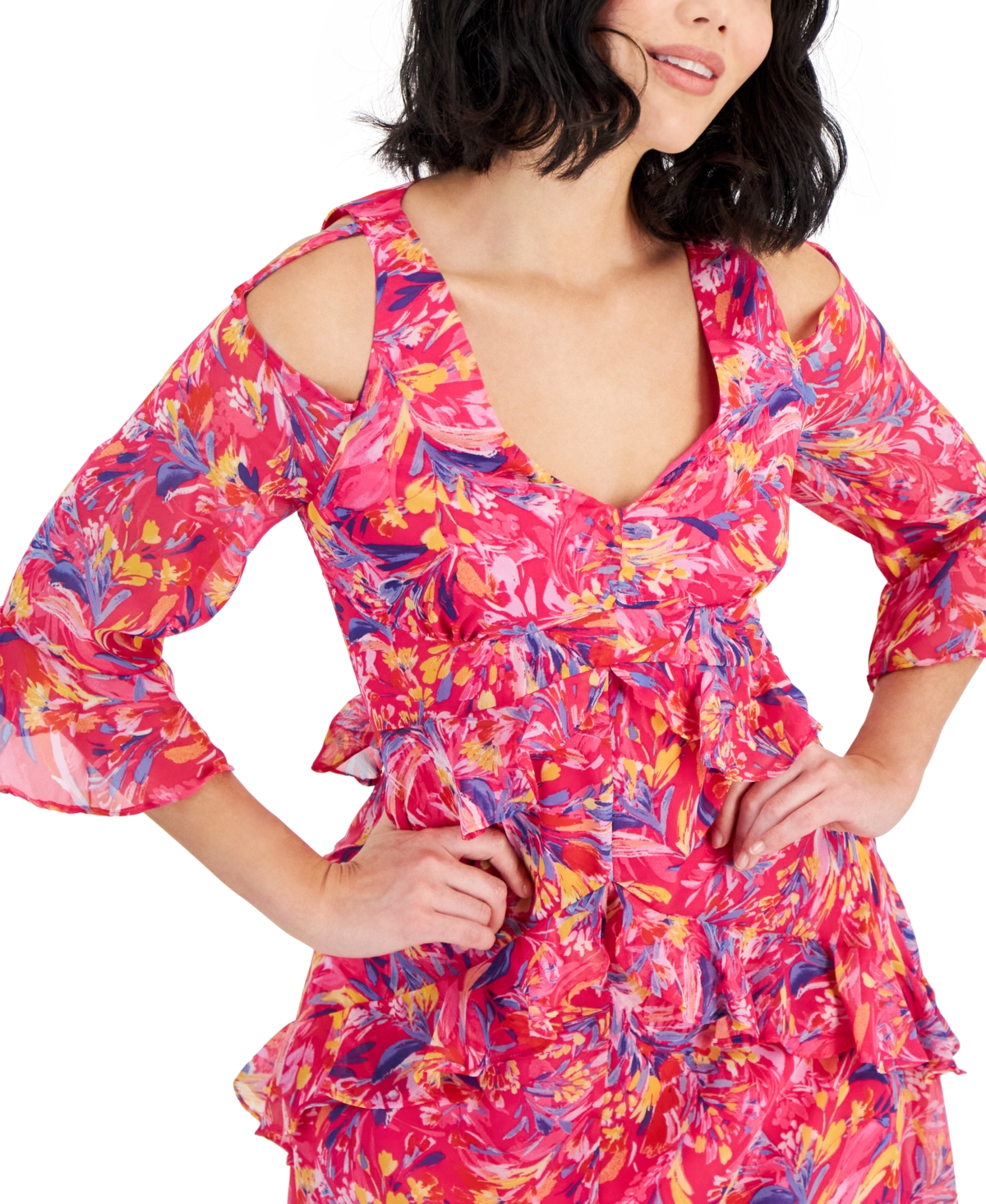 Shop Tahari Petite Printed Cold-shoulder Asymmetric-ruffle Dress In Shocking Pink Multi