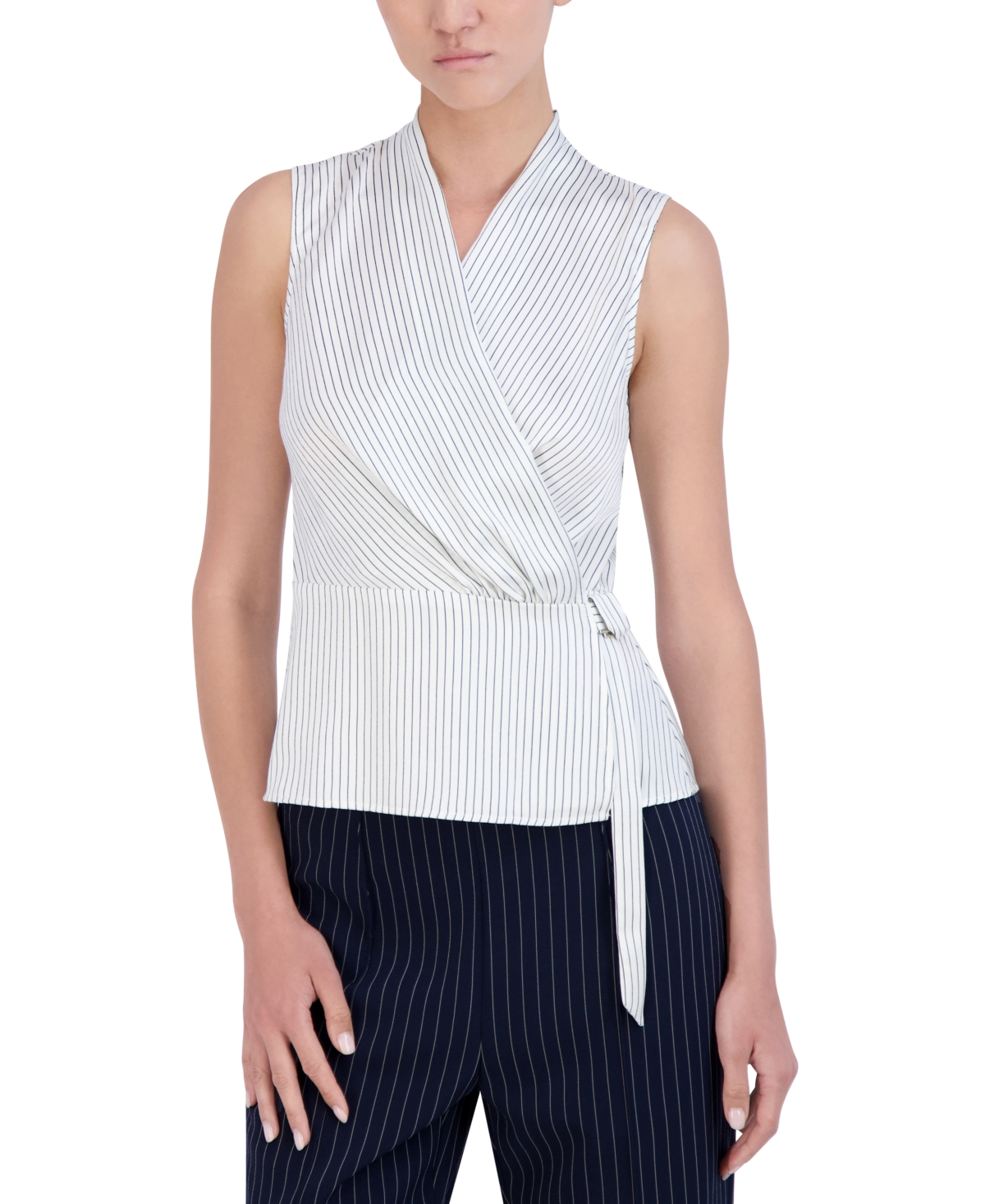 Women's Pinstripe Sleeveless Wrap Top - White/navy